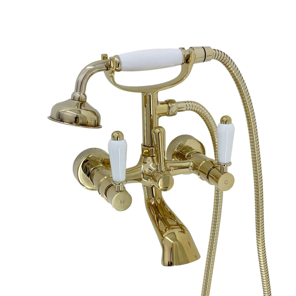 Downton wall mounted bath shower mixer tap with white ceramic levers - gold