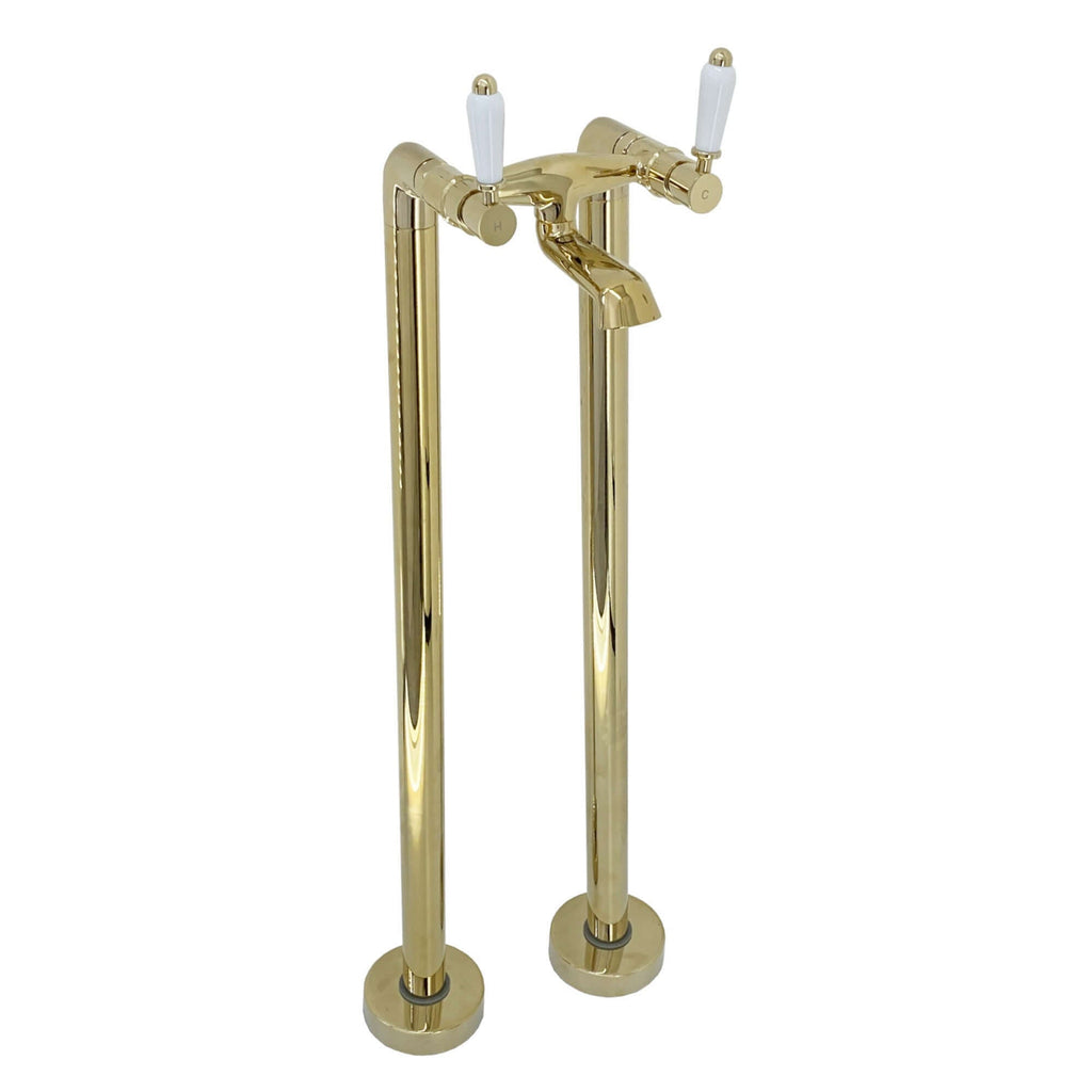Downton floorstanding bath mixer tap with white ceramic levers - gold
