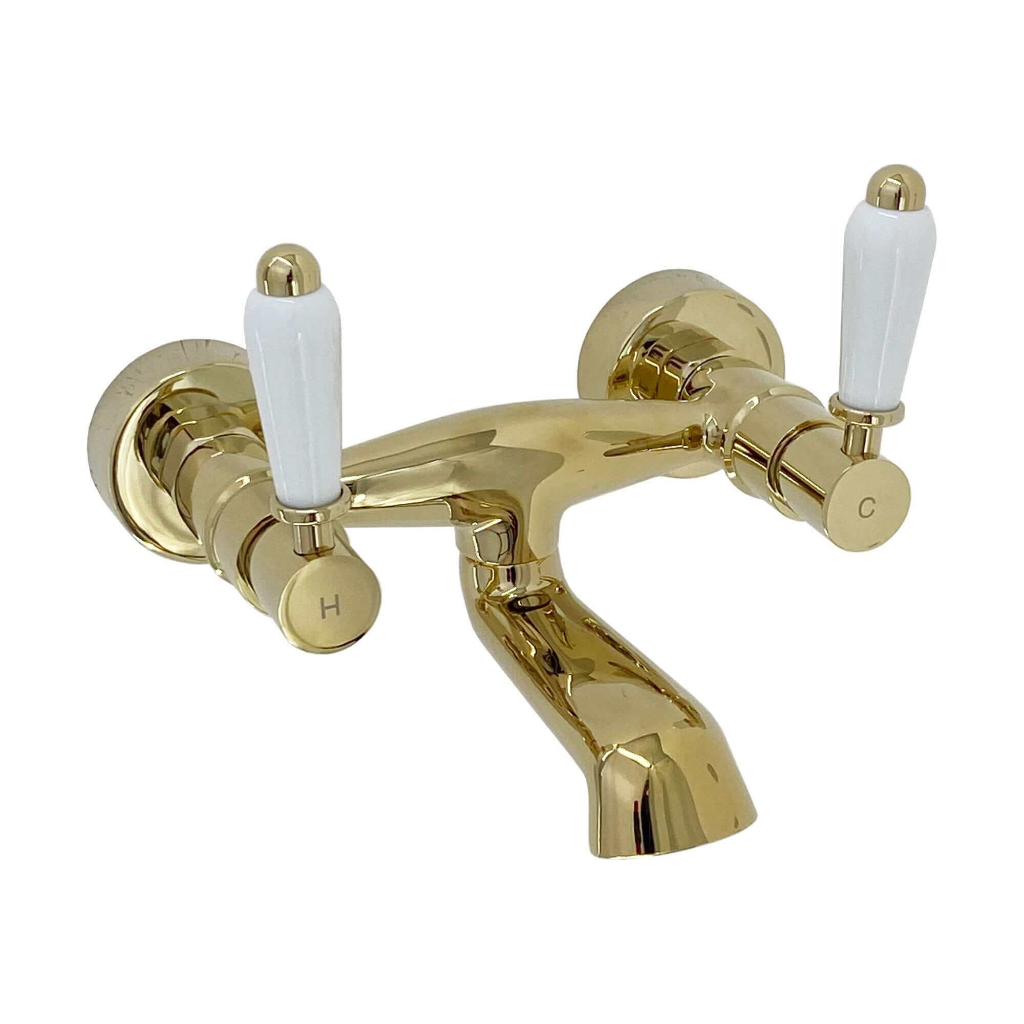 Downton wall mounted bath mixer tap with white ceramic levers - gold
