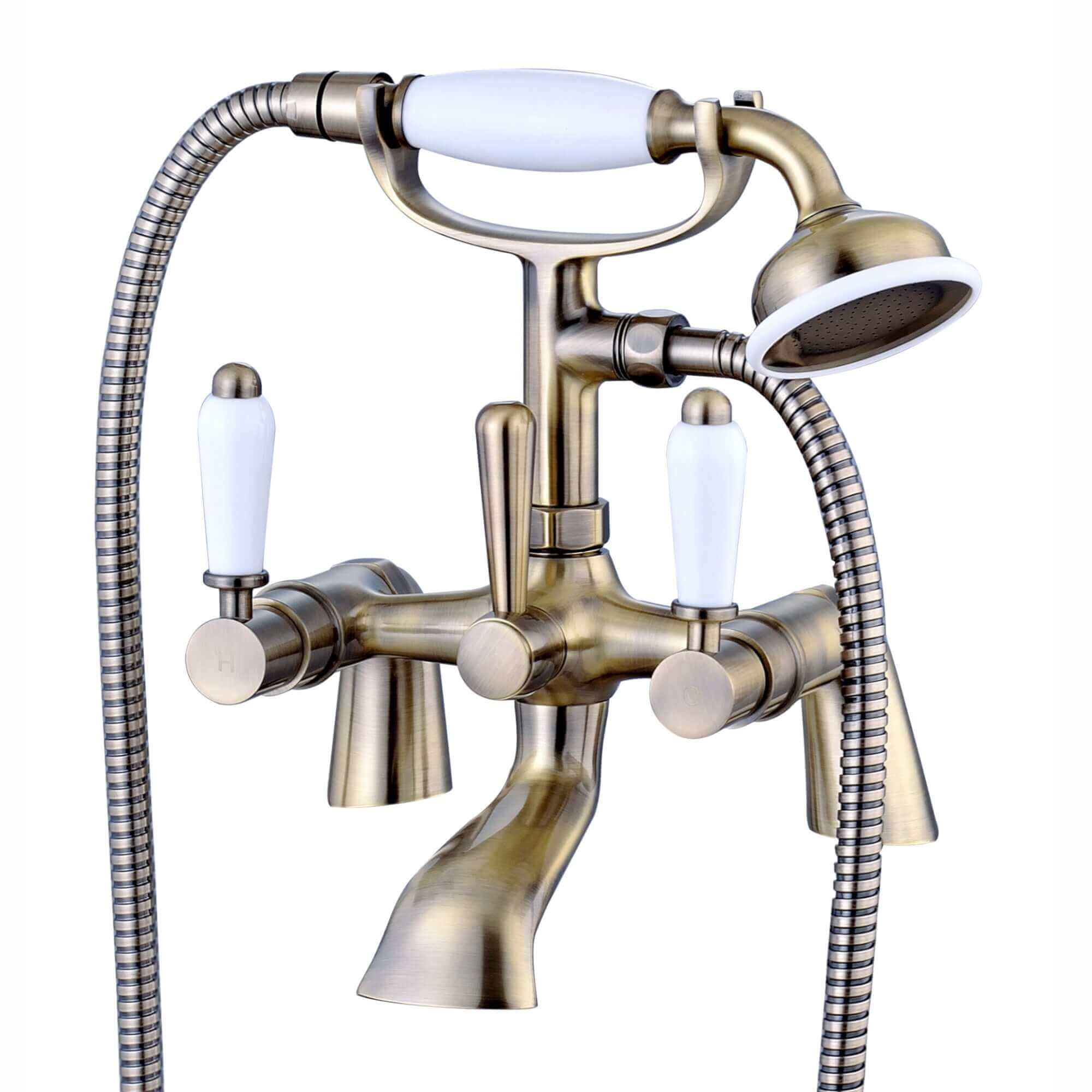 Downton bath shower mixer tap with white ceramic levers - antique brass