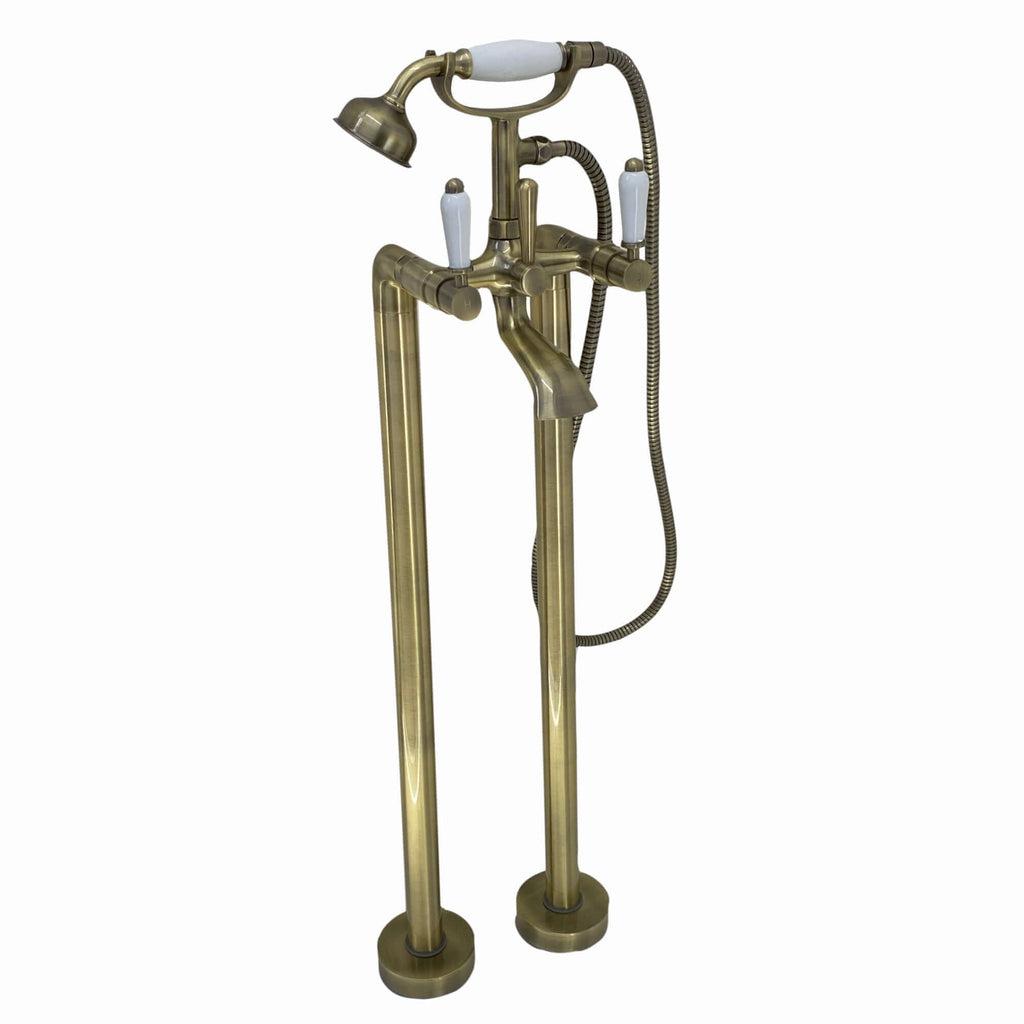 Downton floorstanding bath shower mixer tap with white ceramic levers - antique brass