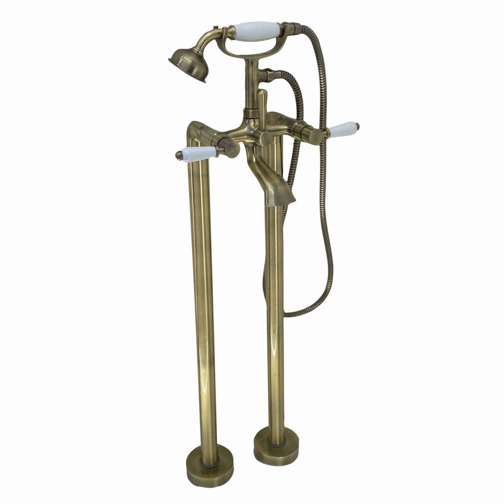 Downton floorstanding bath shower mixer tap with white ceramic levers - antique brass