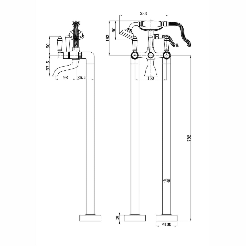 Downton floorstanding bath shower mixer tap with white ceramic levers - antique brass