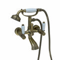 Downton wall mounted bath shower mixer tap with white ceramic levers - antique brass