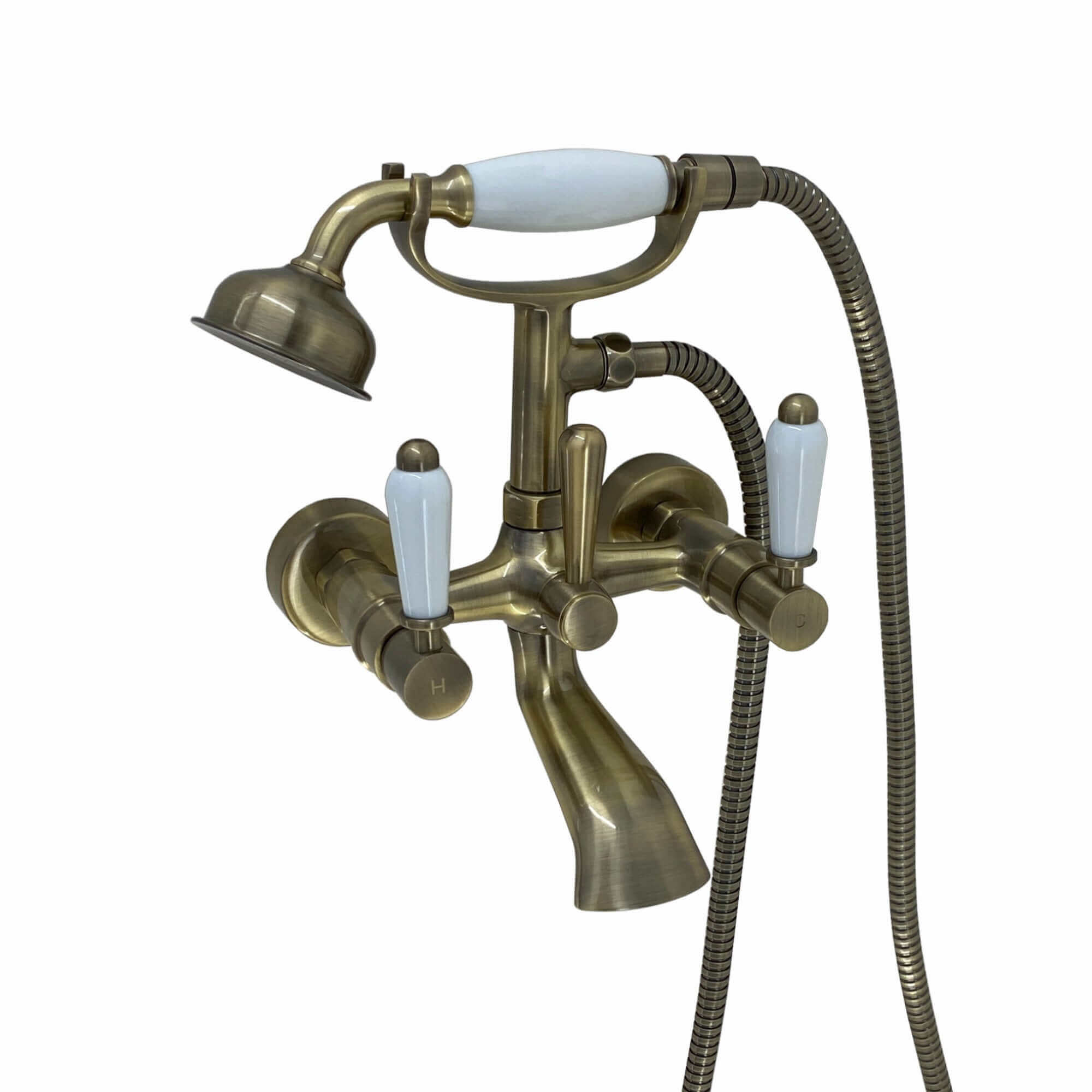 Downton wall mounted bath shower mixer tap with white ceramic levers - antique brass