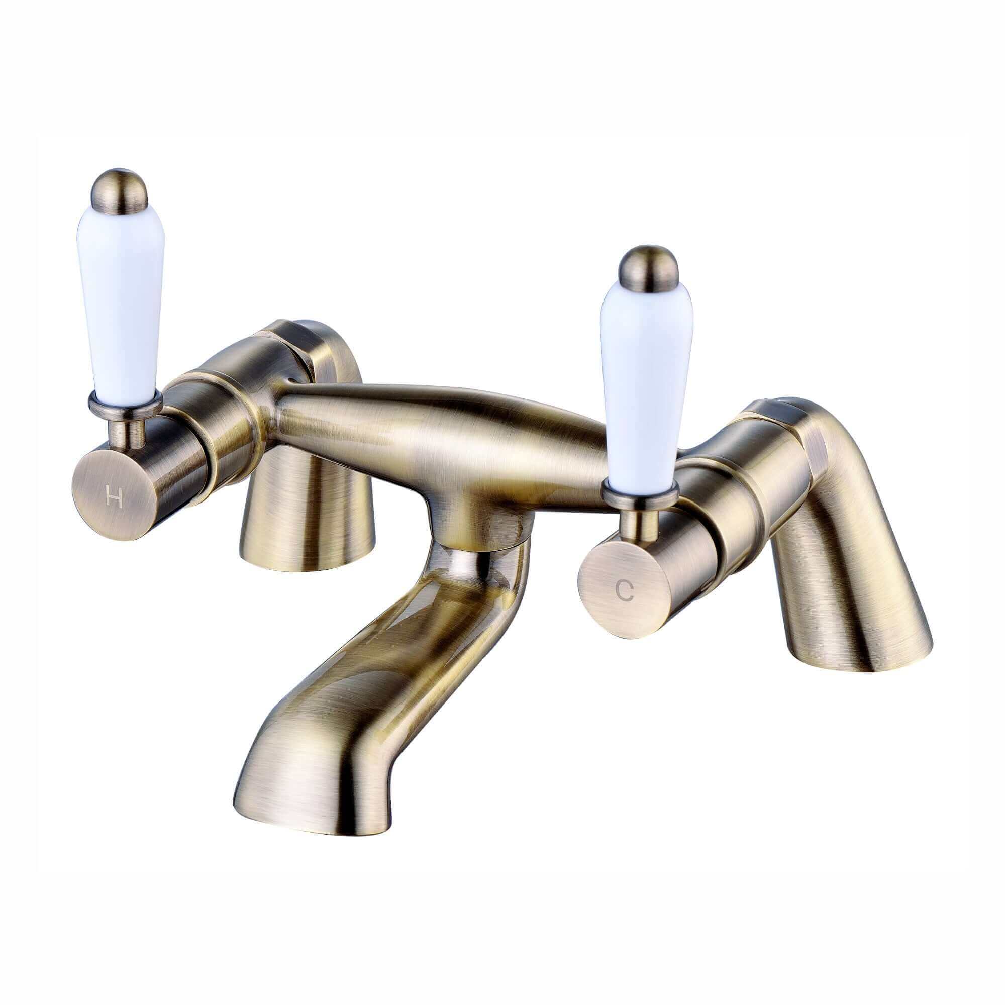 Downton bath mixer tap with white ceramic levers - antique brass