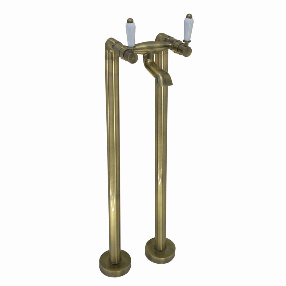 Downton floorstanding bath mixer tap with white ceramic levers - antique brass
