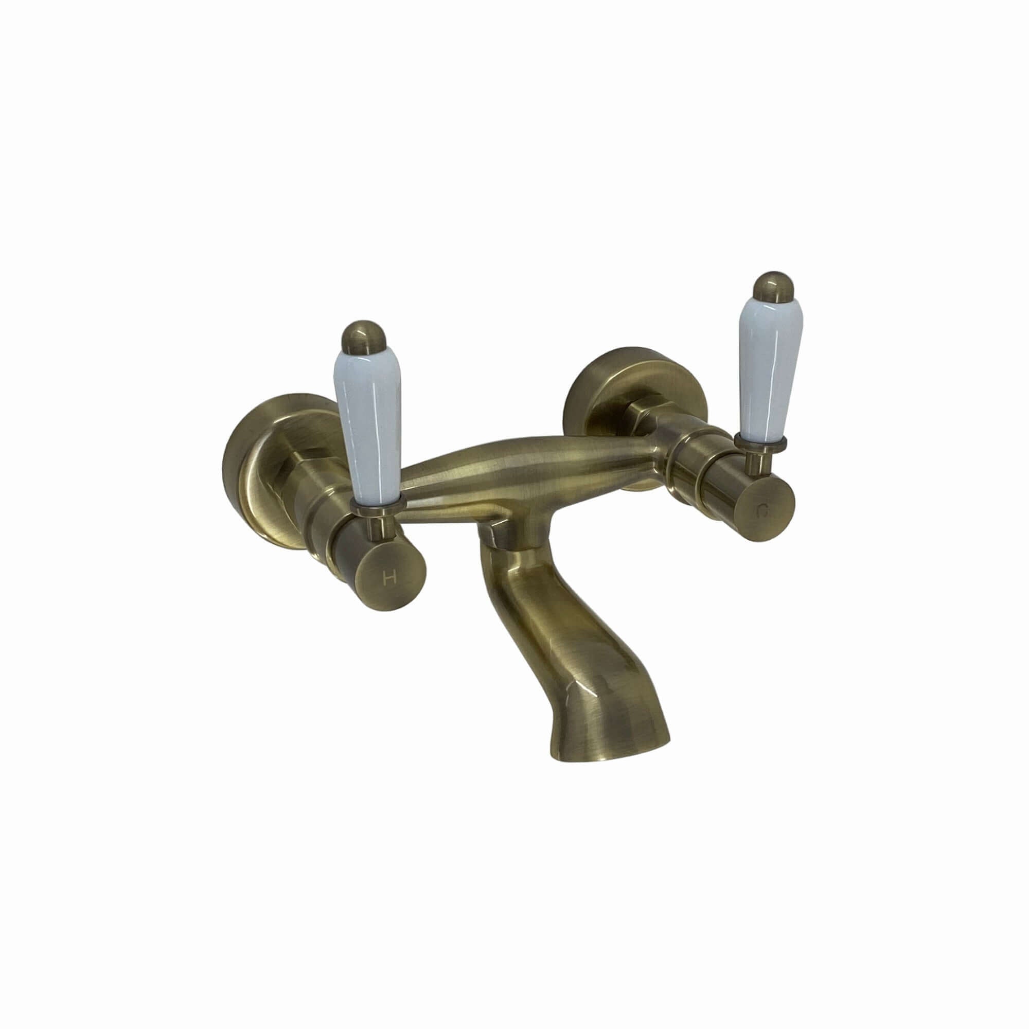Downton wall mounted bath mixer tap with white ceramic levers - antique brass