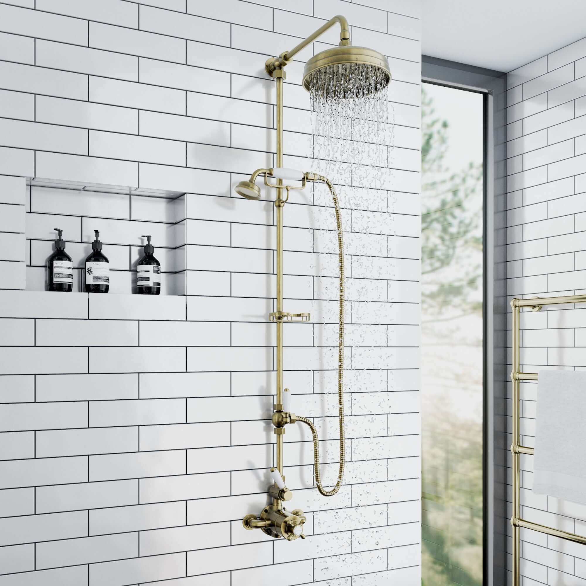 Downton traditional shower diverter with 18mm diameter extension pipe - antique brass