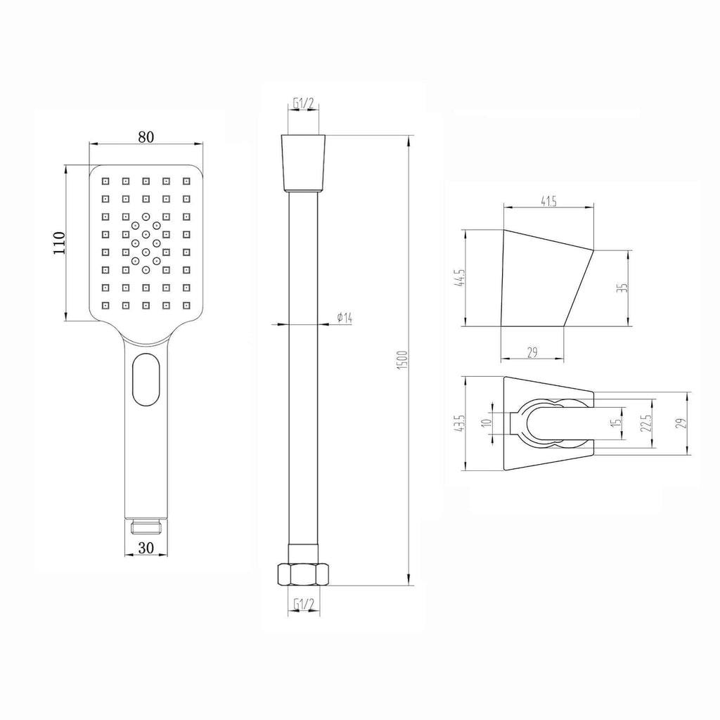 Contemporary Square 3 Function Hand Shower Kit Incl. Hose And Wall Bracket - Black
