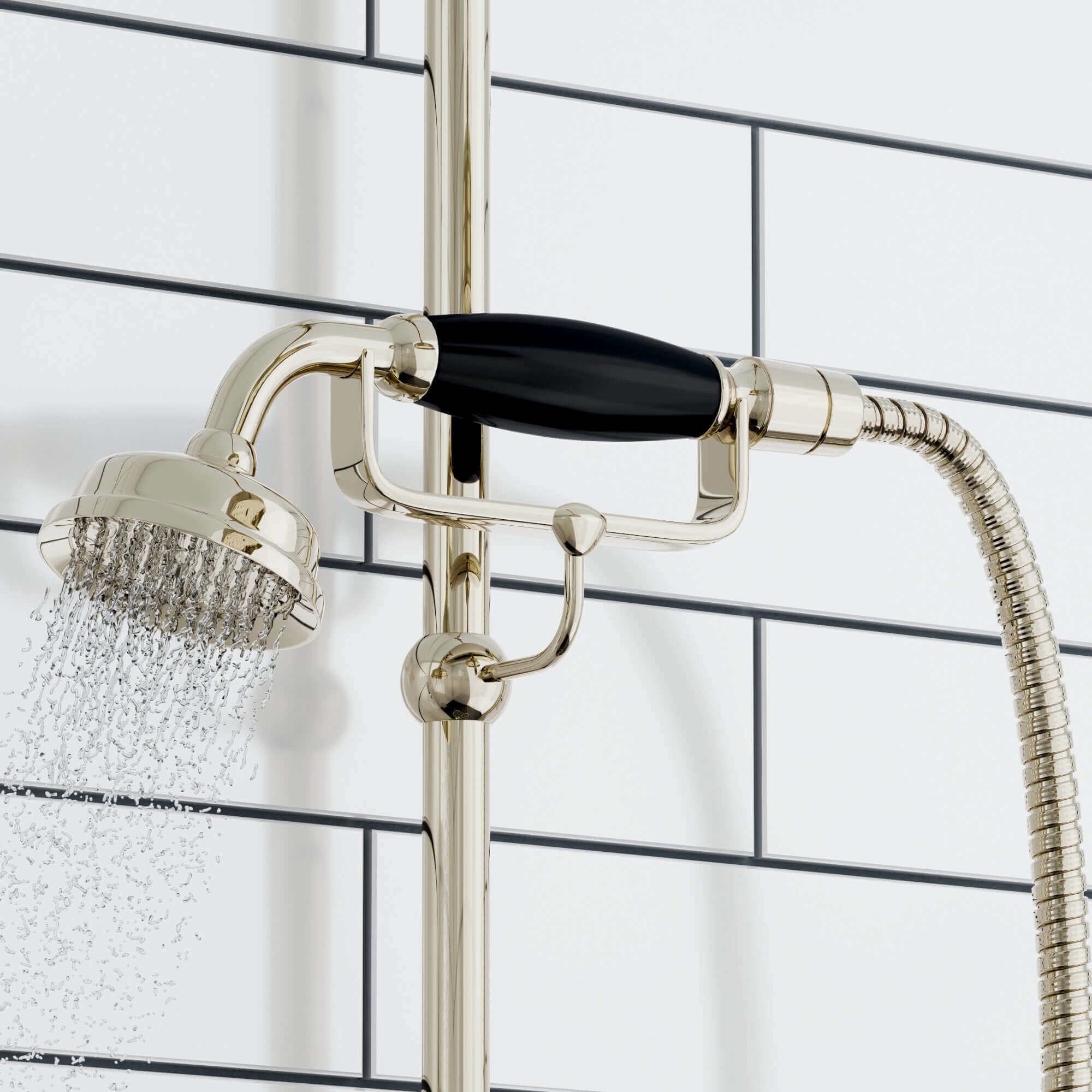 Traditional Handheld Shower Head and Hose Kit Brass with Black Ceramic Details - Gold