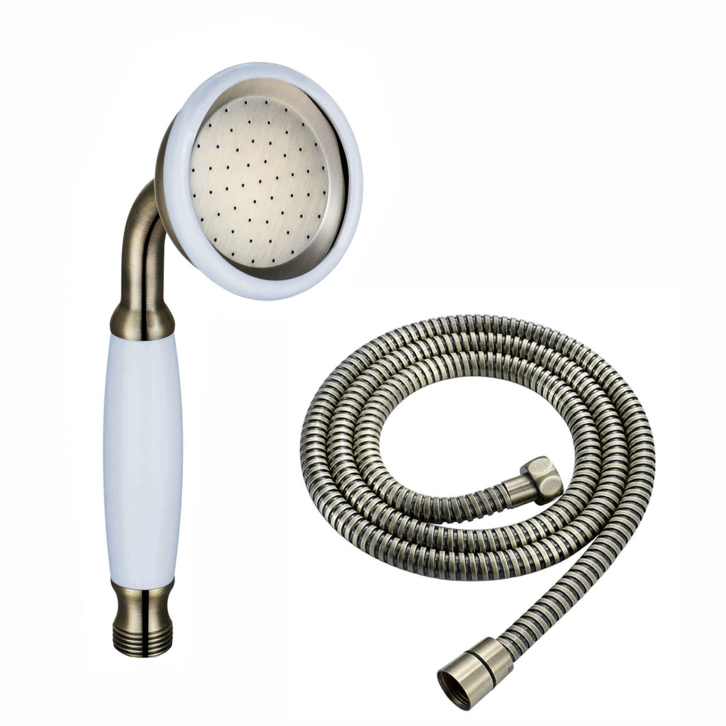 Traditional Handheld Shower Head and Hose Kit Brass with White Ceramic Details - Antique Brass