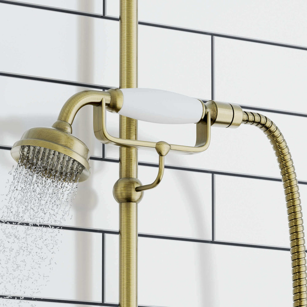 Traditional Handheld Shower Head and Hose Kit Brass with White Ceramic Details - Antique Brass