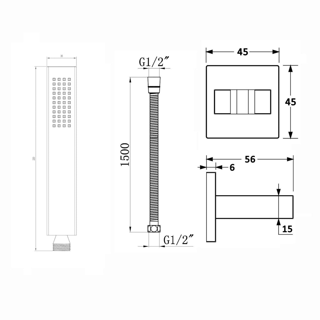 Luxury brass rectangular hand shower kit incl. hose and brass wall bracket - gunmetal grey