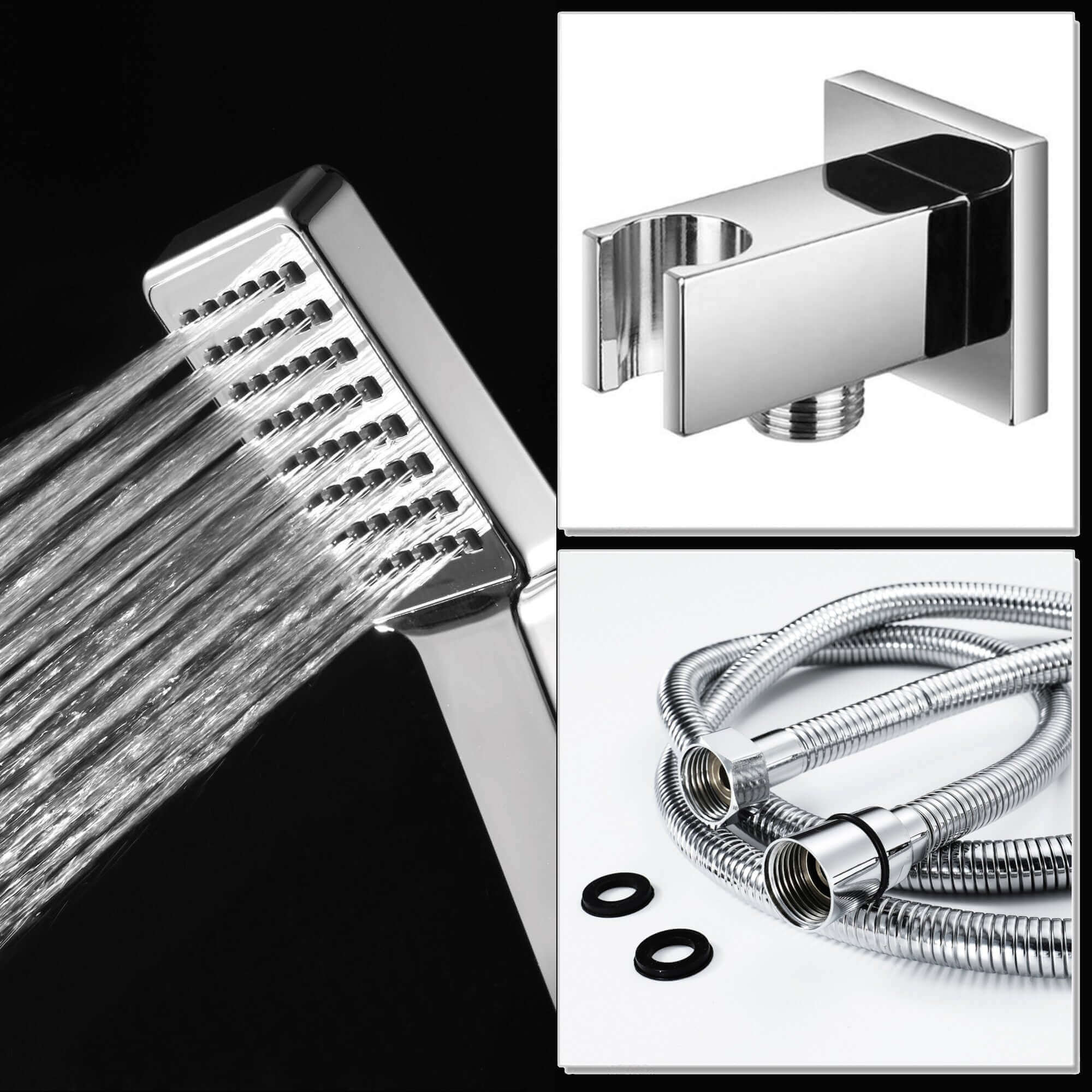 Square Paddle Hand Shower Kit incl. Hose and Wall Bracket with Outlet - Chrome