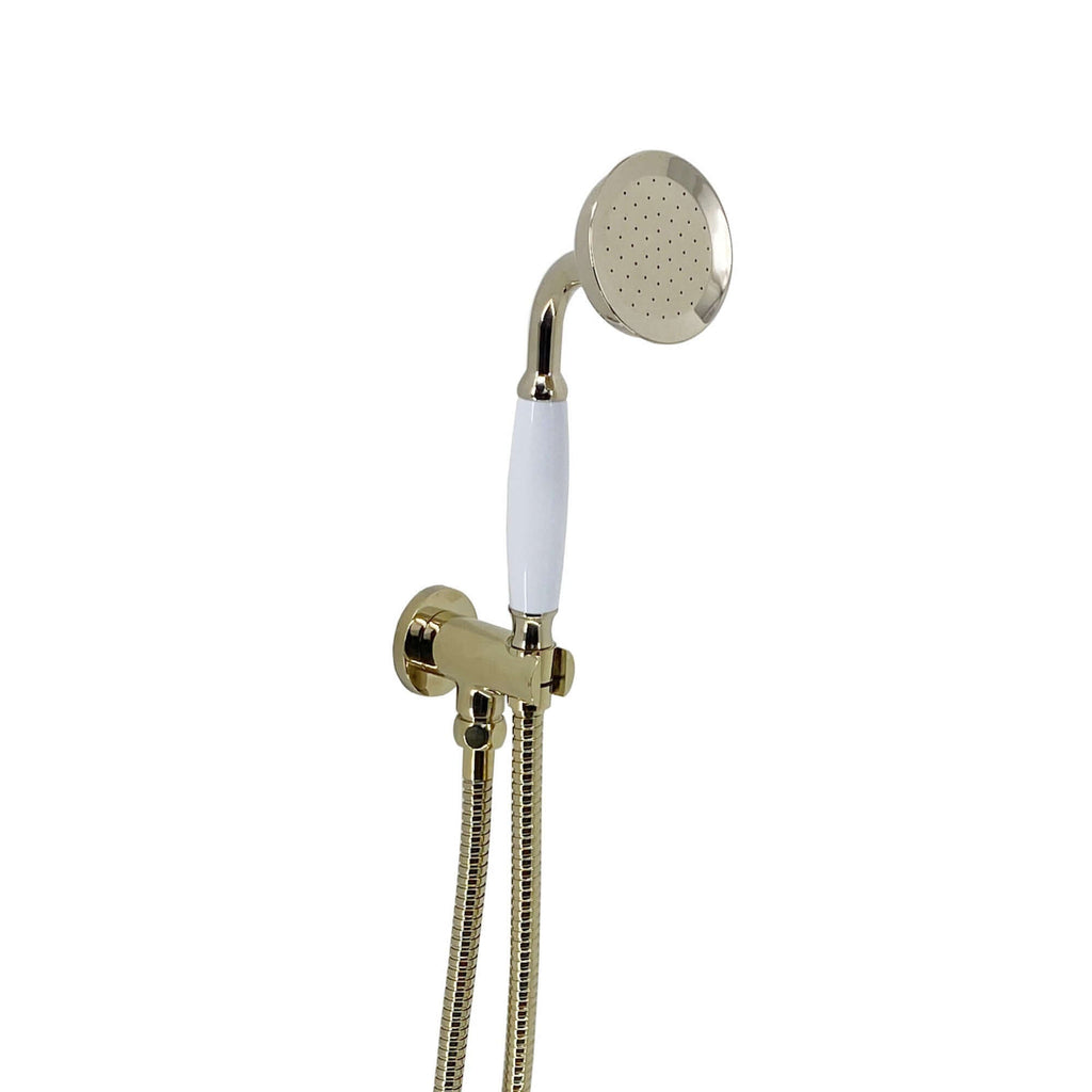 Traditional Brass & White Ceramic Hand Shower Kit Incl. Hose And Wall Bracket With Outlet - Gold