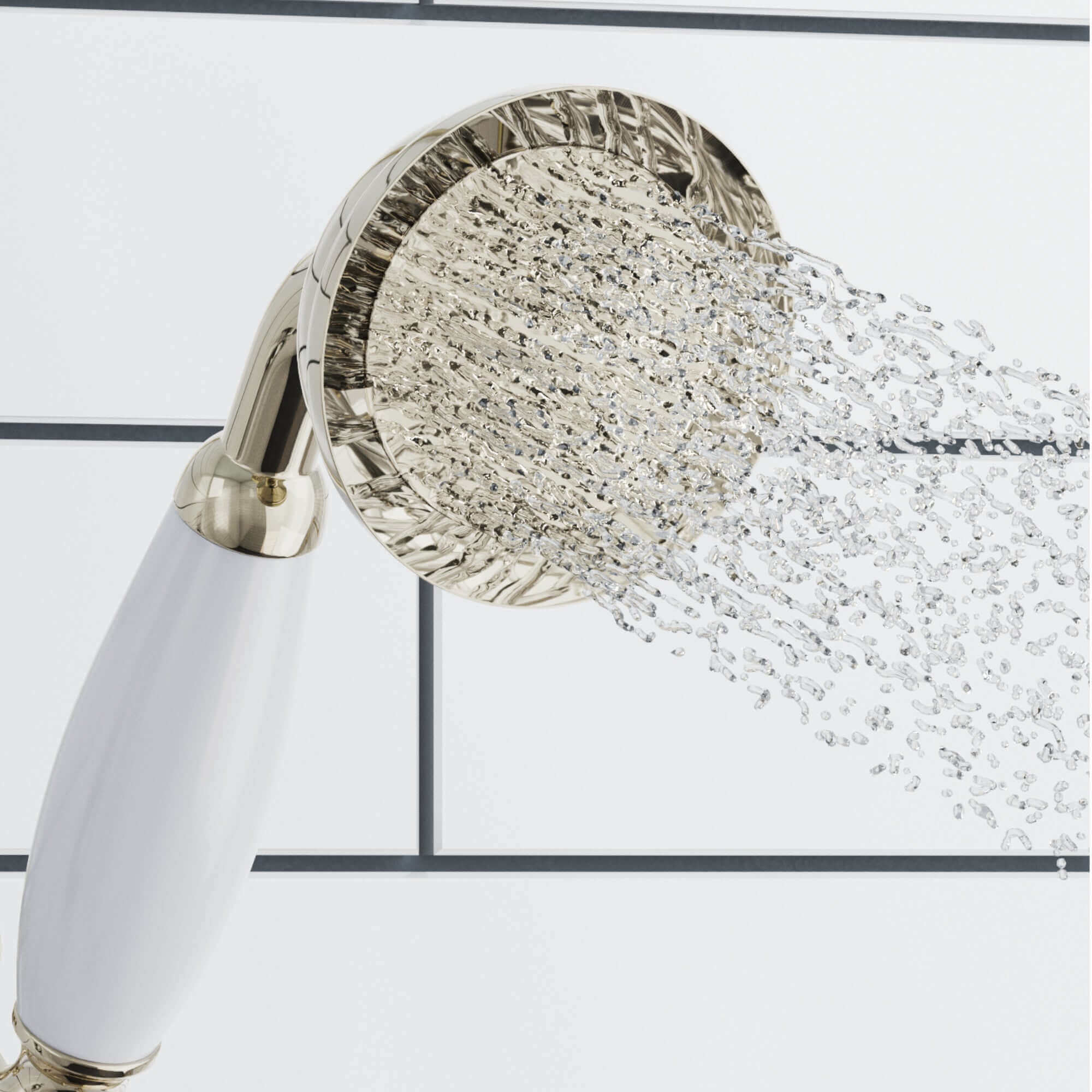 Traditional Brass & White Ceramic Hand Shower Kit Incl. Hose And Wall Bracket With Outlet - Gold