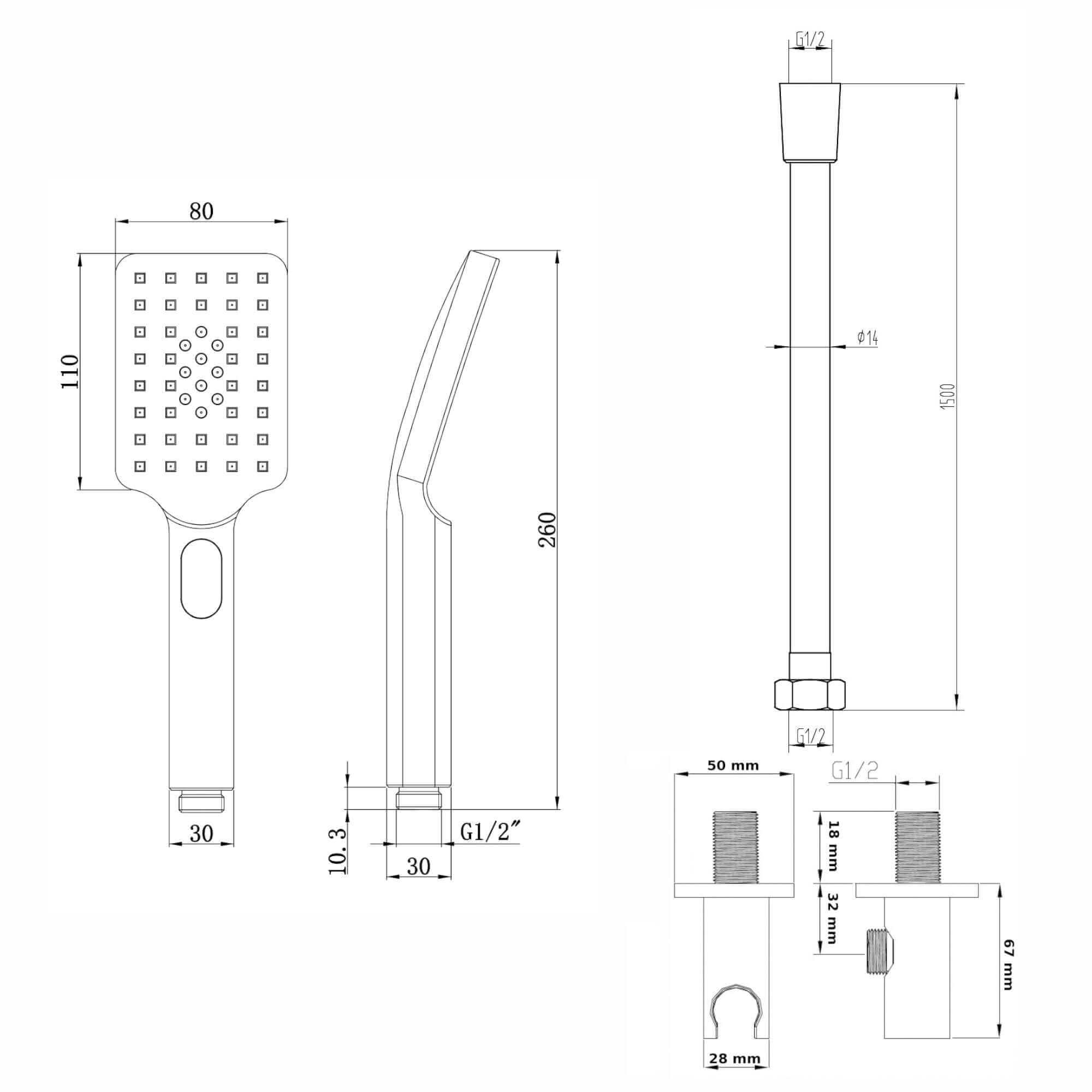 Contemporary Square 3 Function Hand Shower Kit Incl. Hose And Wall Bracket With Outlet - Black
