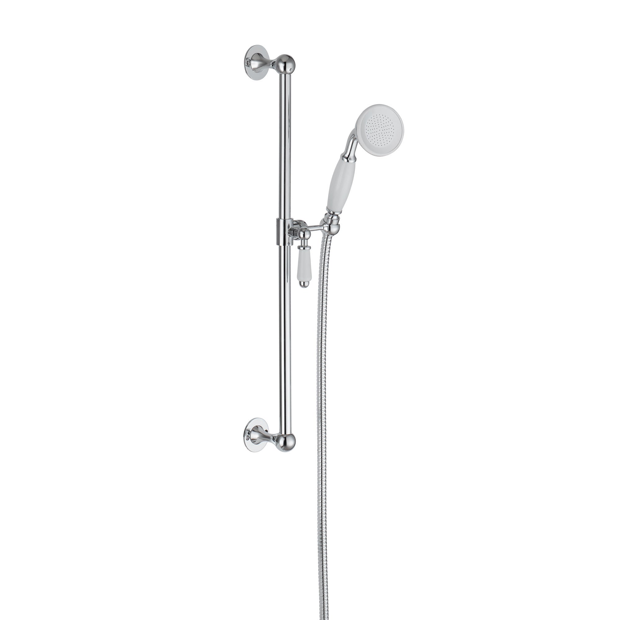 Traditional Shower Slider Rail Kit Lever Design With Brass White Ceramic Handset and Hose - Chrome