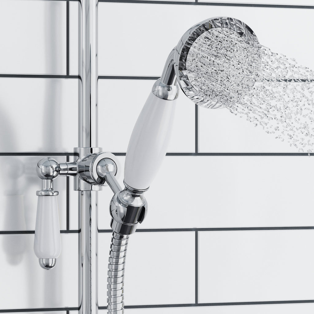 Traditional Shower Slider Rail Kit Lever Design With Brass White Ceramic Handset and Hose - Chrome
