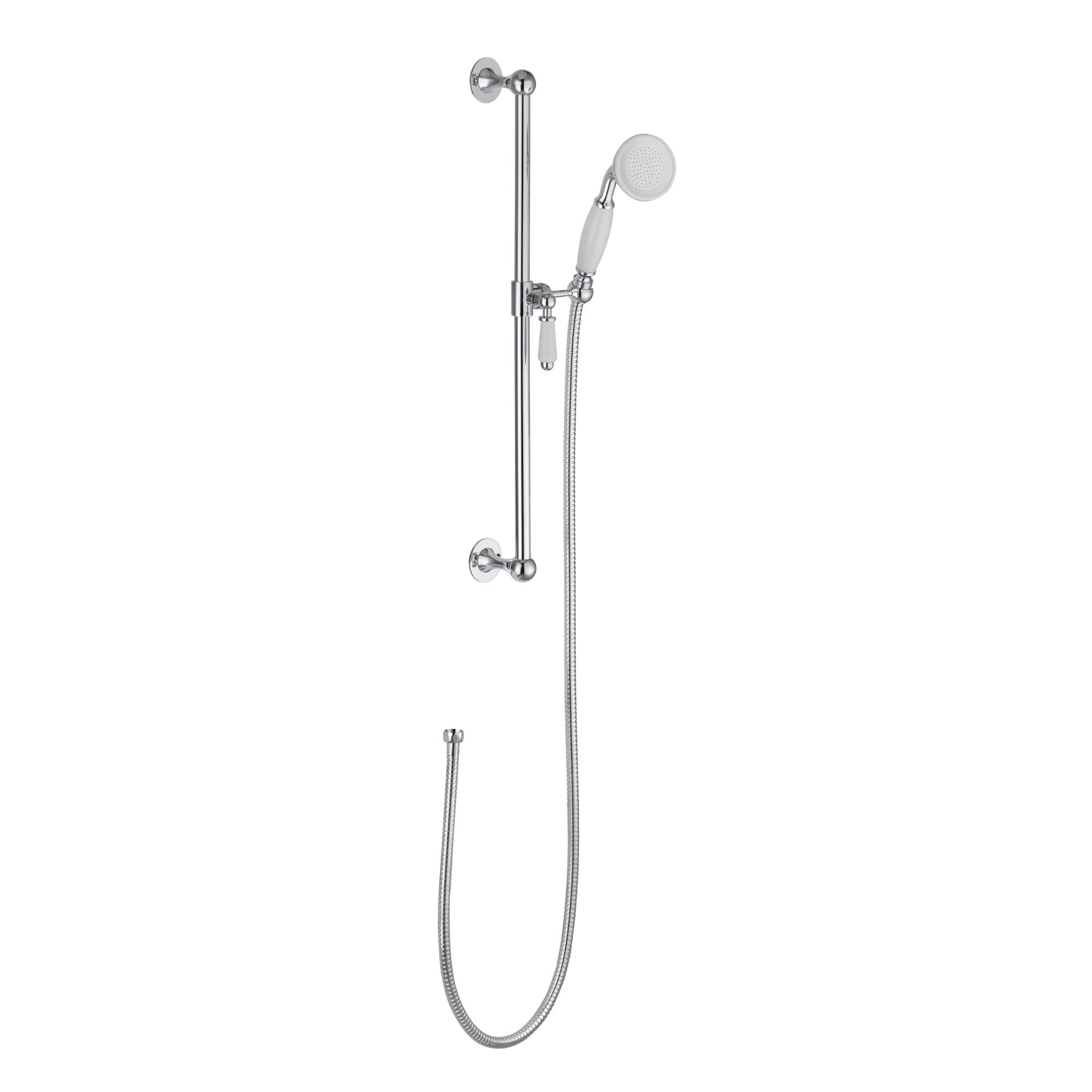 Traditional Shower Slider Rail Kit Lever Design With Brass White Ceramic Handset and Hose - Chrome