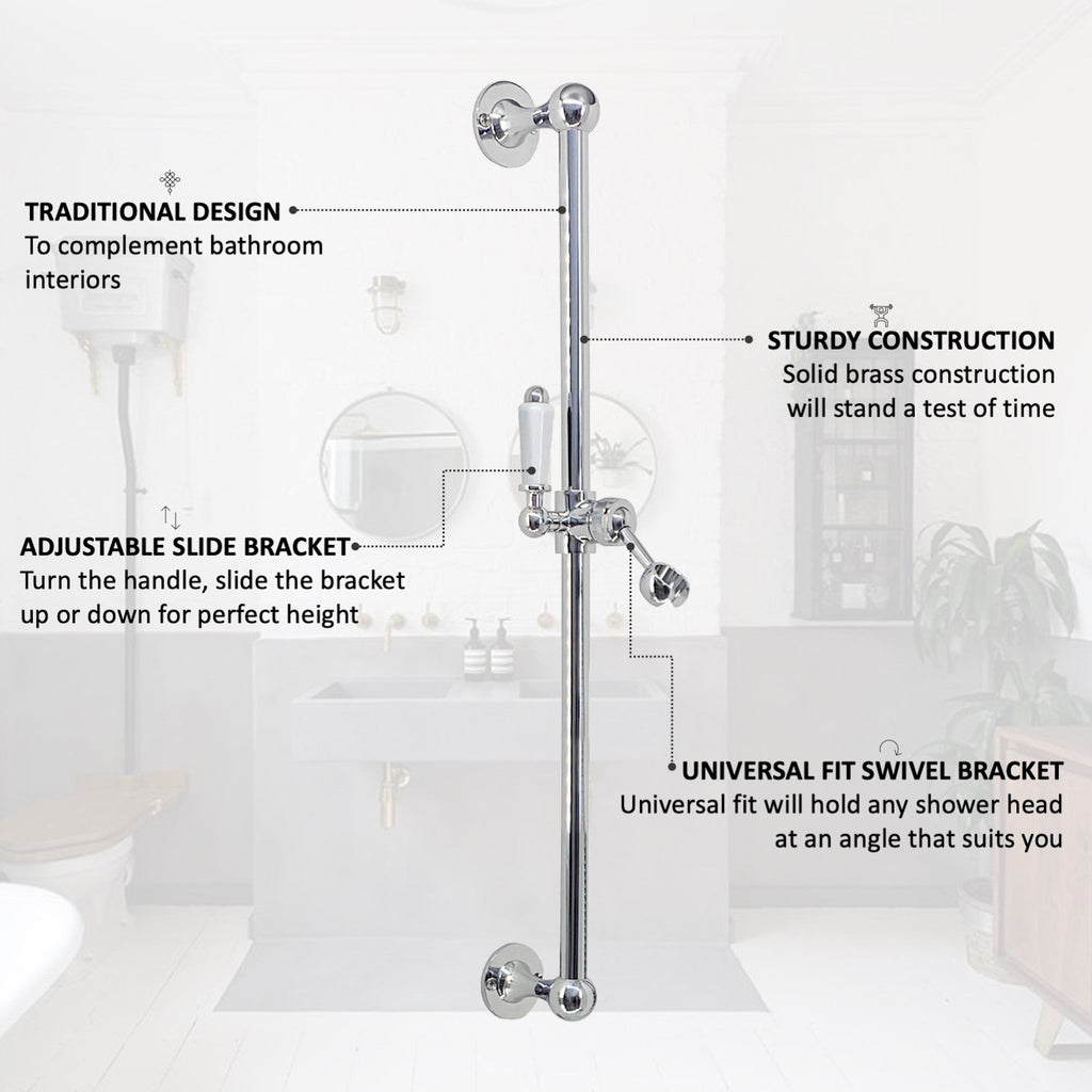 Traditional Shower Slider Rail Kit Lever Design With Brass White Ceramic Handset and Hose - Chrome