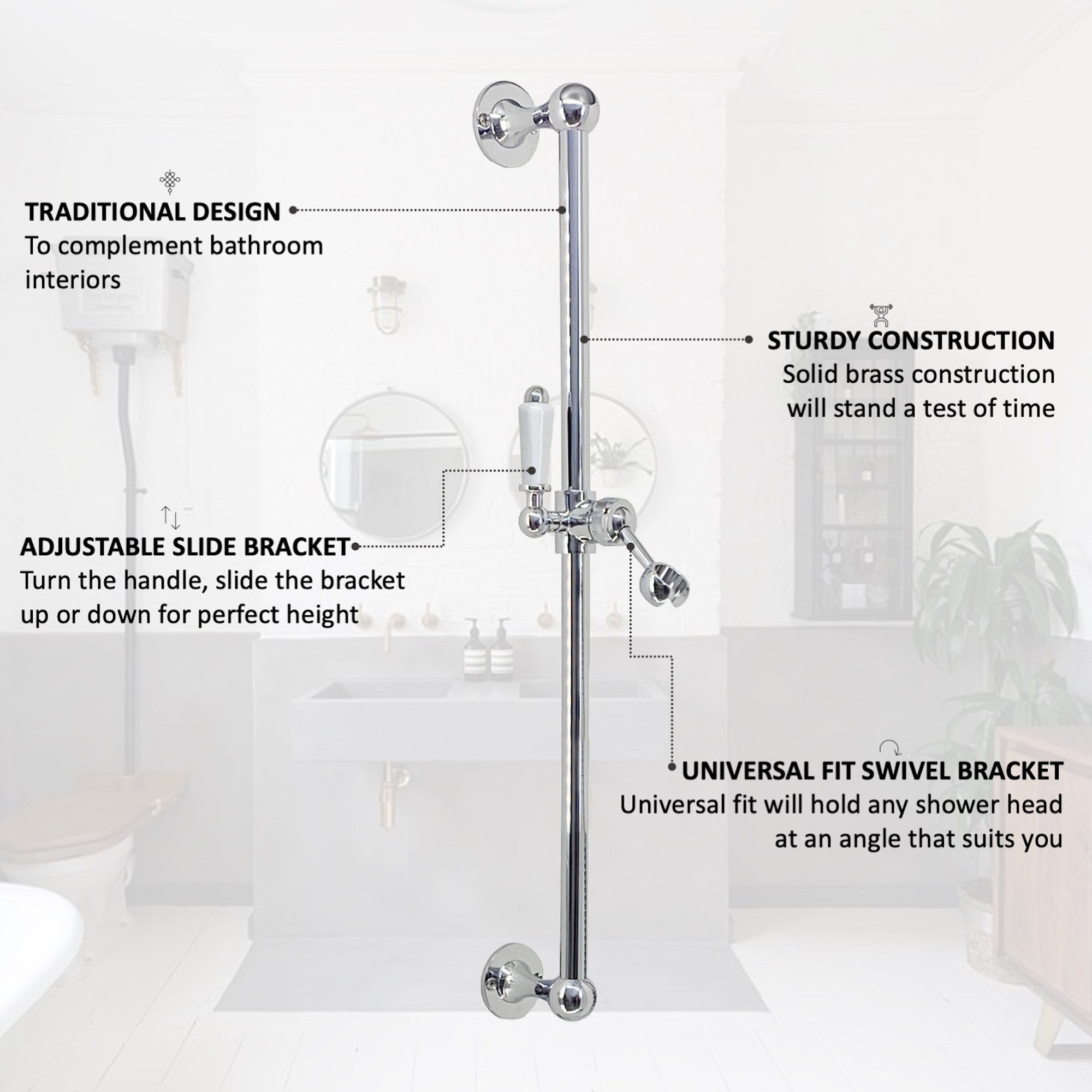 Traditional Shower Slider Rail Kit Lever Design With Brass White Ceramic Handset and Hose - Chrome