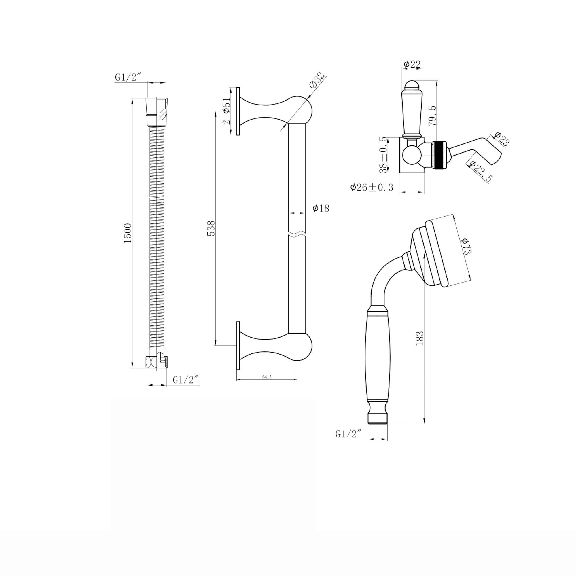 Traditional Shower Slider Rail Kit Lever Design With Brass White Ceramic Handset and Hose - Chrome