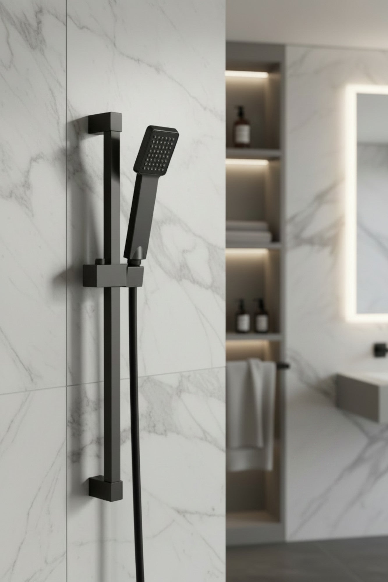 Square Design Shower Slider Riser Rail Kit With Handset And Hose - Black