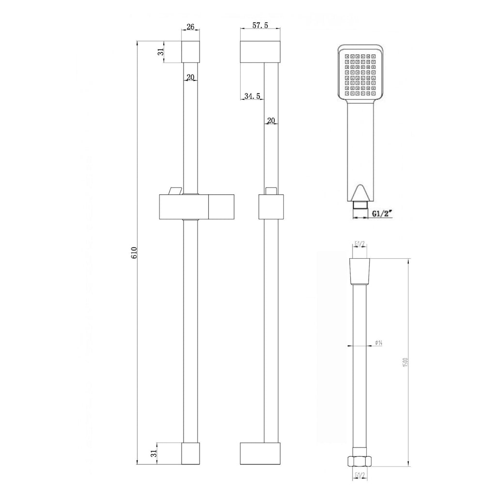 Square Design Shower Slider Riser Rail Kit With Handset And Hose - Black