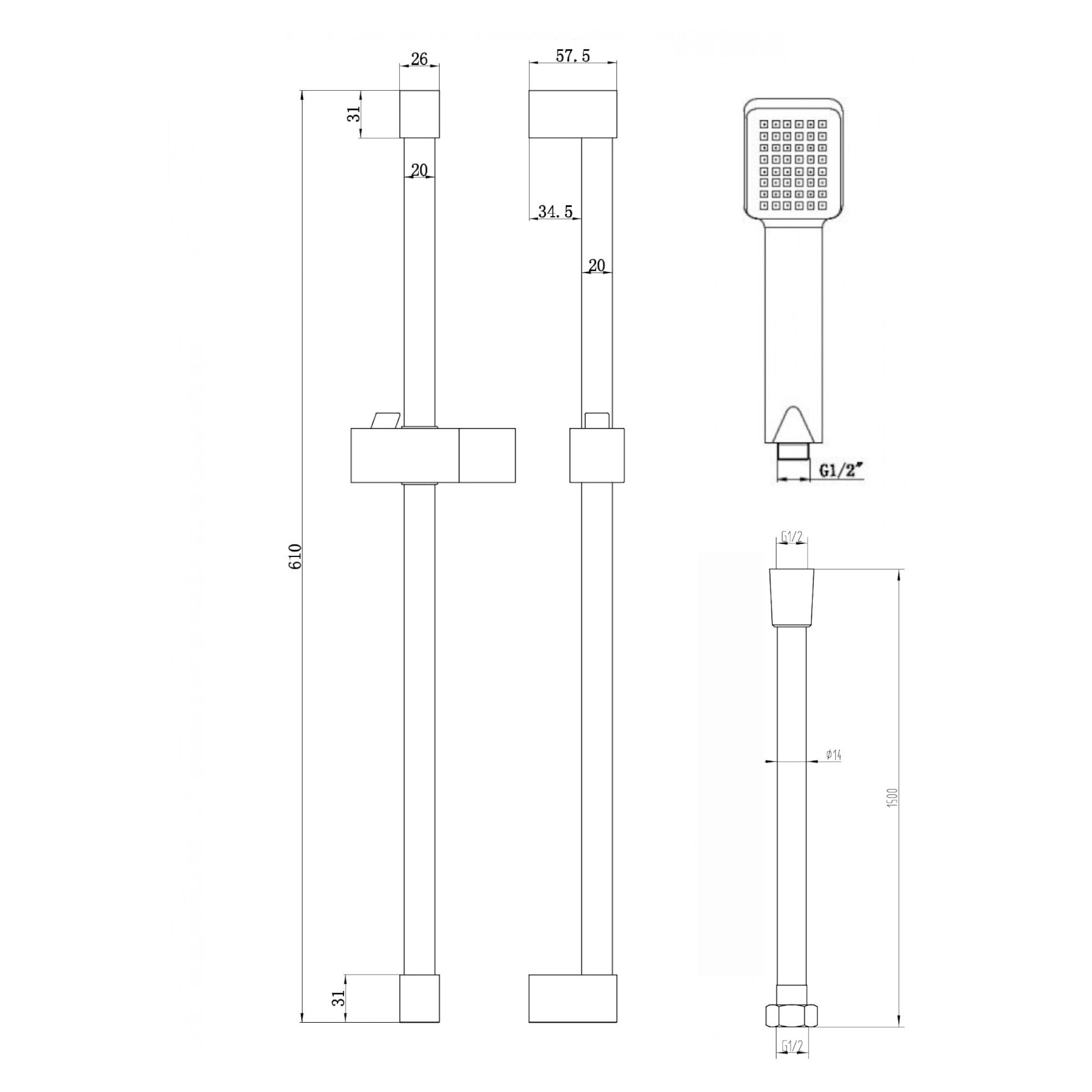 Square Design Shower Slider Riser Rail Kit With Handset And Hose - Black