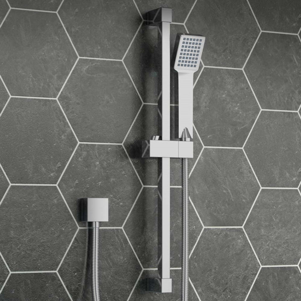 Square design shower slider riser rail kit with handset and hose - chrome