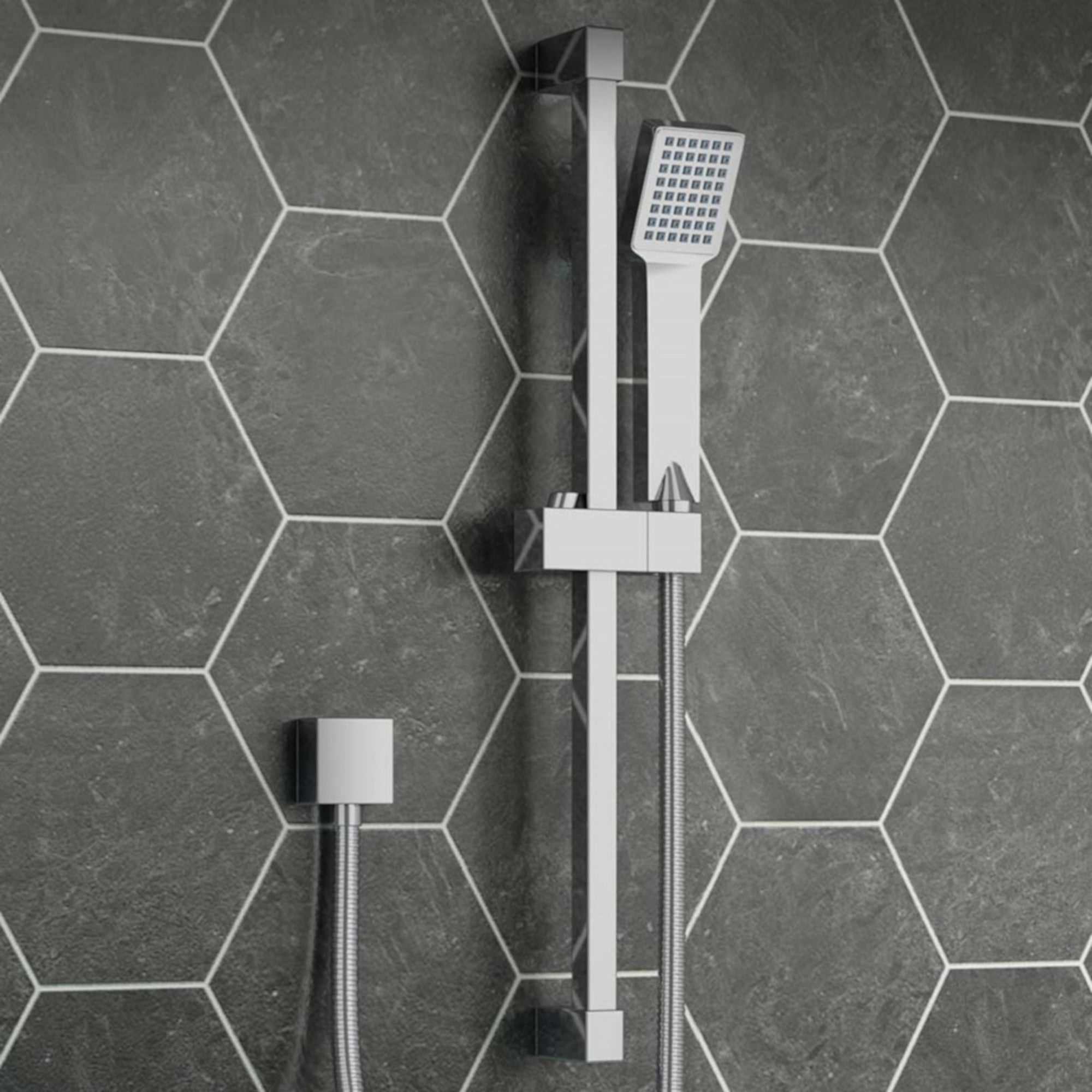 Square design shower slider riser rail kit with handset and hose - chrome