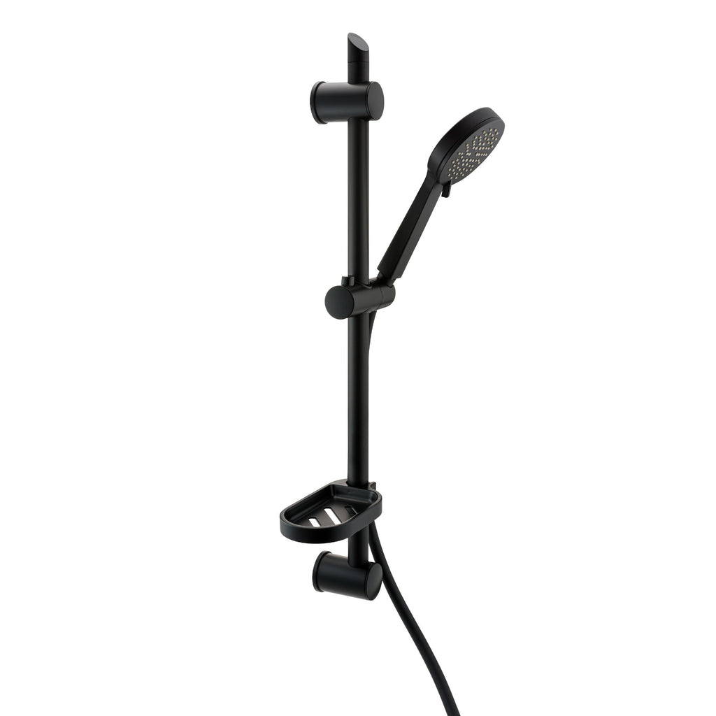 Adjustable Shower Slider Riser Rail Kit With 3 Setting Shower Head, Hose and Soap Holder - Black