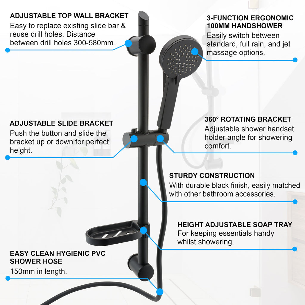 Adjustable Shower Slider Riser Rail Kit With 3 Setting Shower Head, Hose and Soap Holder - Black