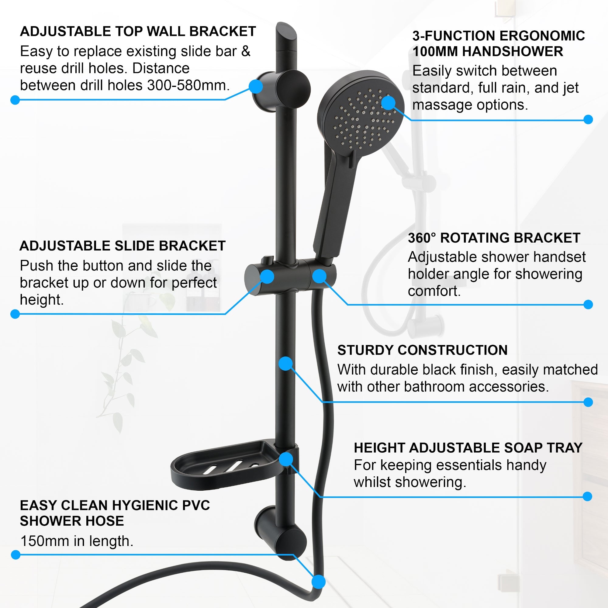 Adjustable Shower Slider Riser Rail Kit With 3 Setting Shower Head, Hose and Soap Holder - Black