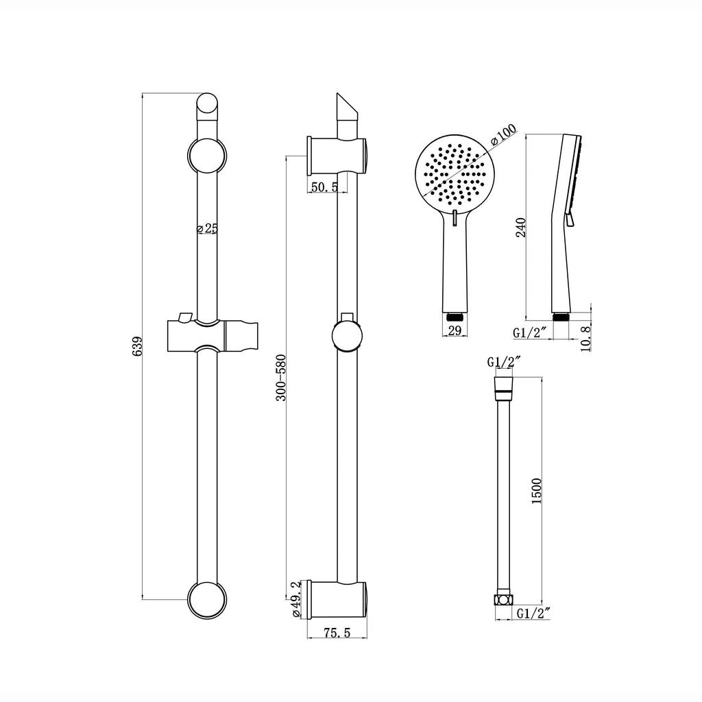 Adjustable Shower Slider Riser Rail Kit With 3 Setting Shower Head, Hose and Soap Holder - Black