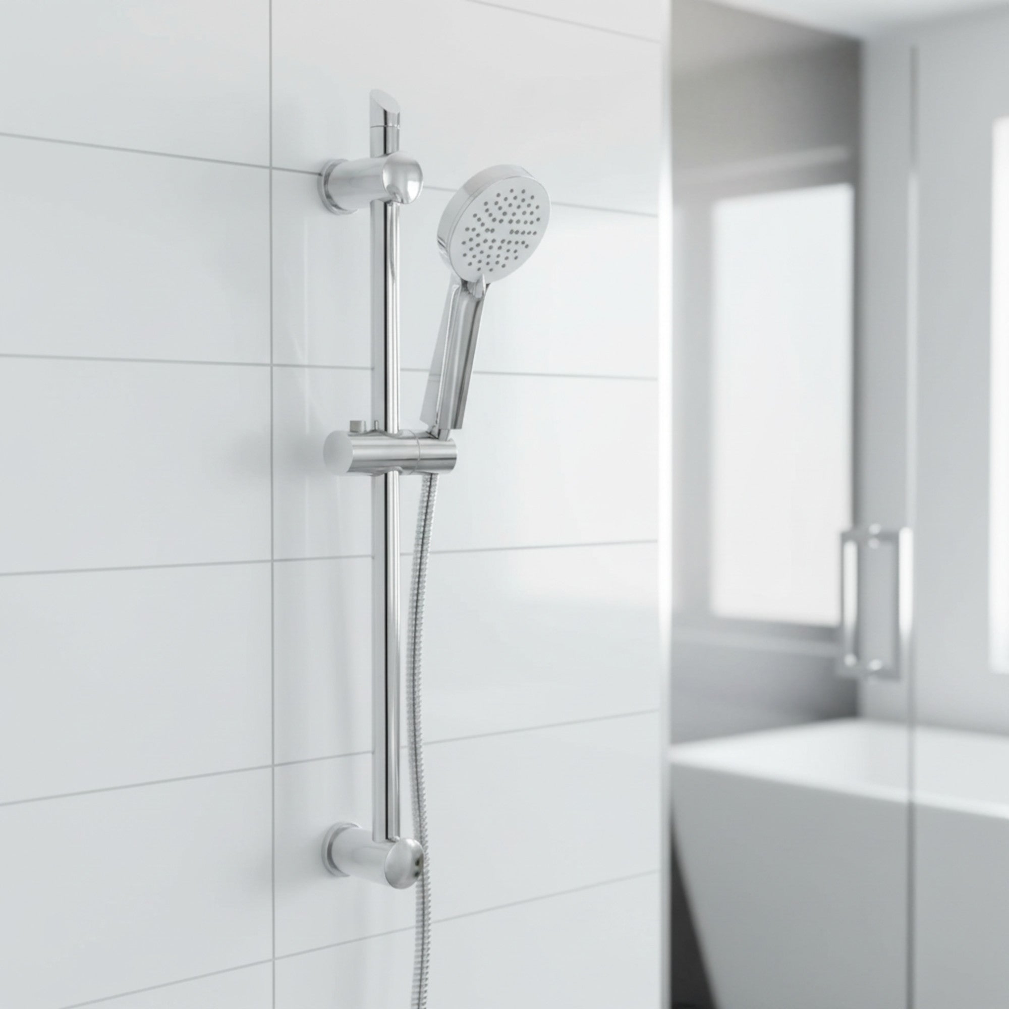 Adjustable Shower Slider Riser Rail Kit With 3 Setting Shower Head, Hose - Chrome