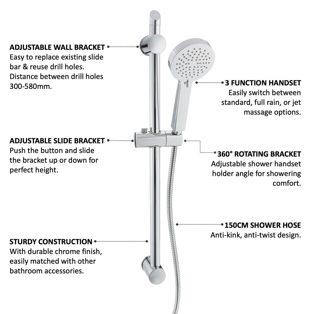 Adjustable Shower Slider Riser Rail Kit With 3 Setting Shower Head, Hose - Chrome
