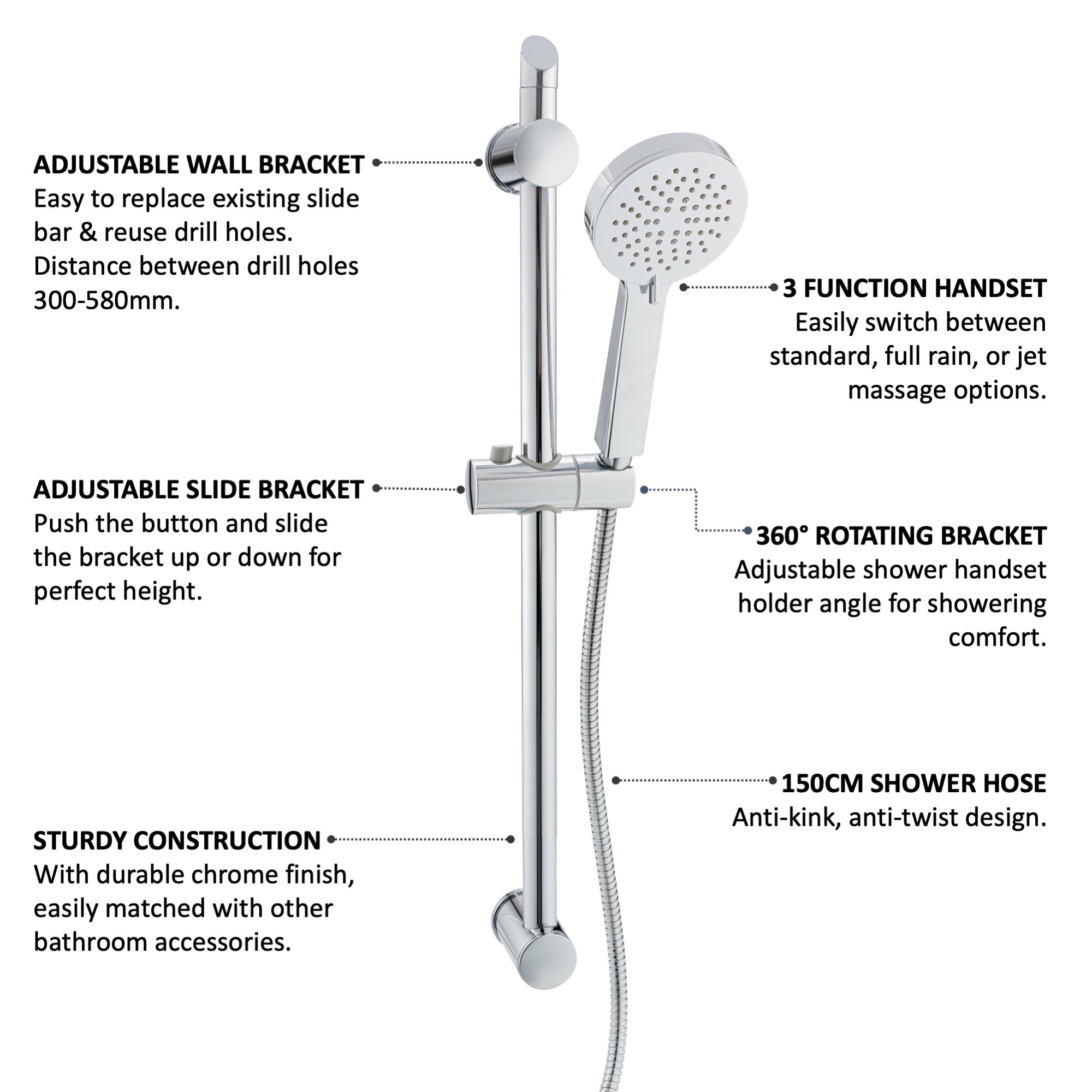 Adjustable Shower Slider Riser Rail Kit With 3 Setting Shower Head, Hose - Chrome