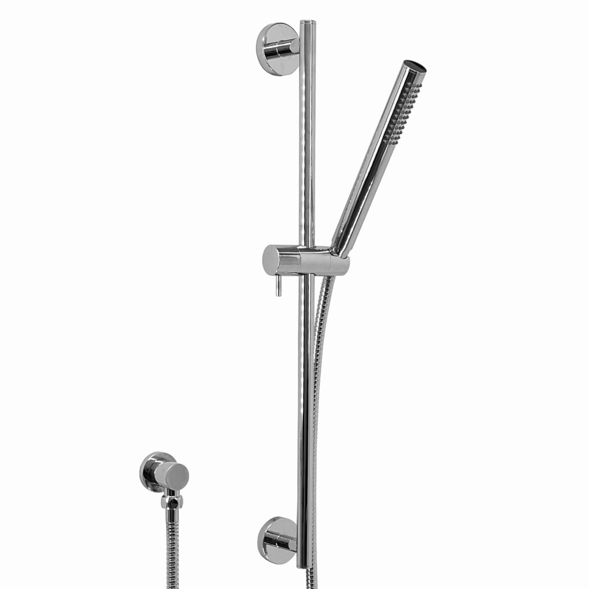 Contemporary Shower Slider Riser Rail Kit With Pencil Shower Head, Hose and Wall Elbow - Chrome