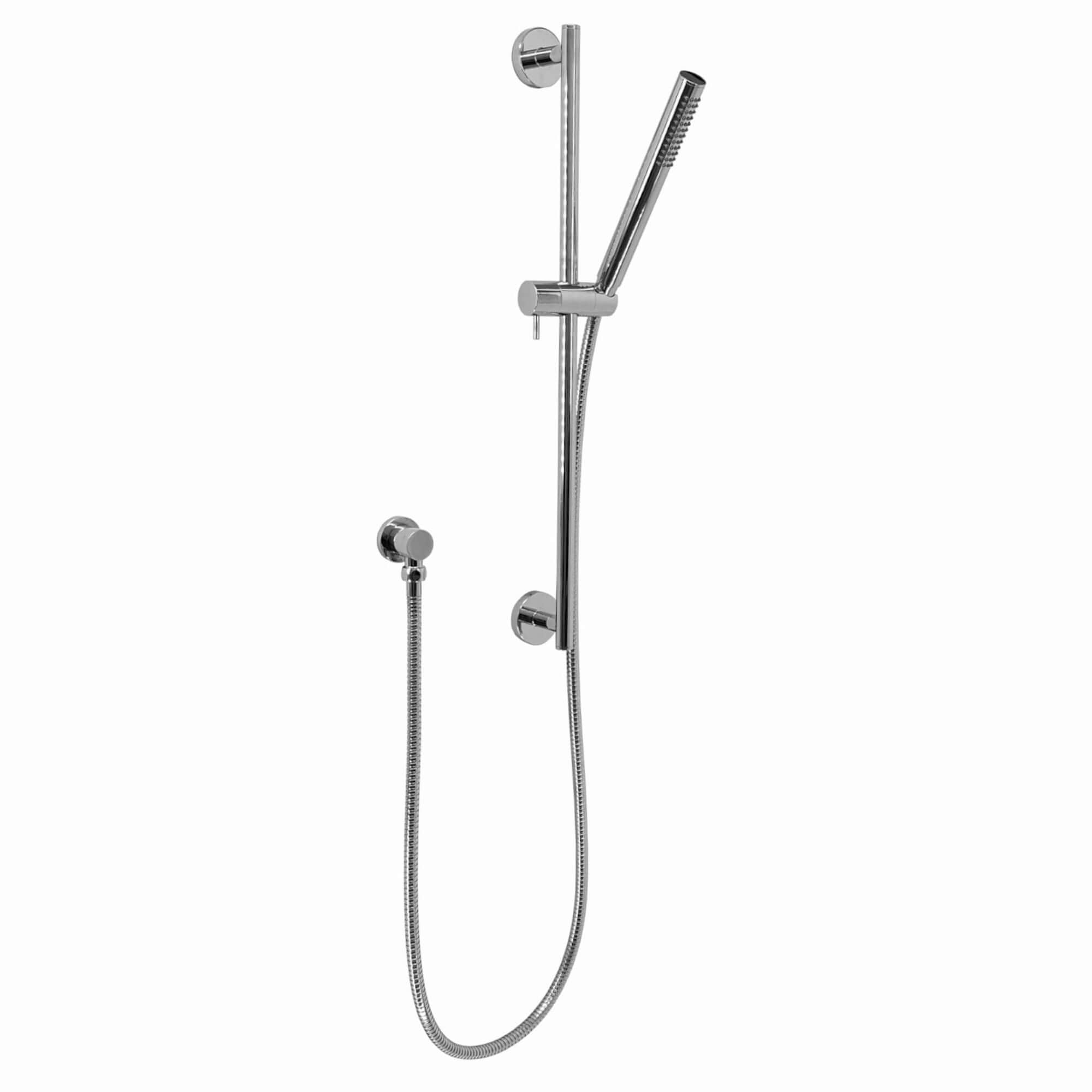 Contemporary Shower Slider Riser Rail Kit With Pencil Shower Head, Hose and Wall Elbow - Chrome