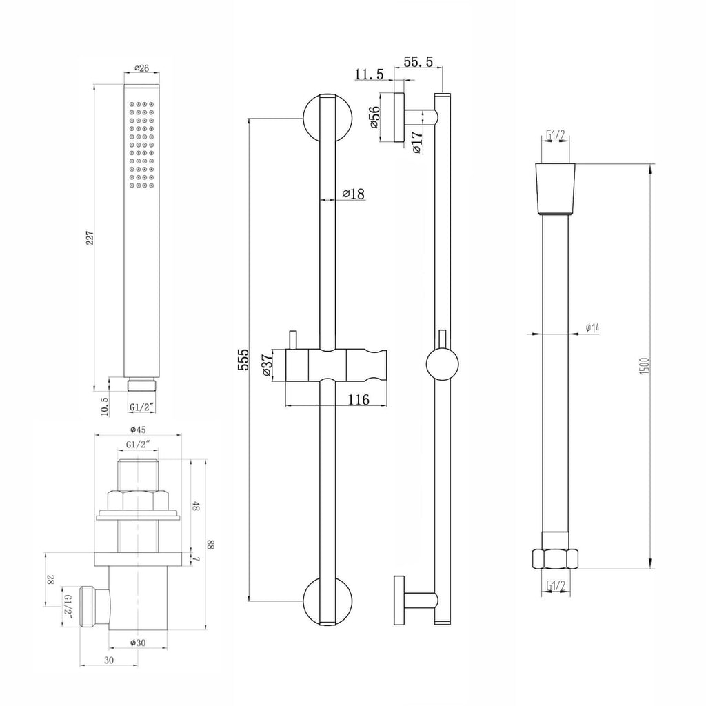 Contemporary Shower Slider Riser Rail Kit With Pencil Shower Head, Hose and Wall Elbow - Chrome