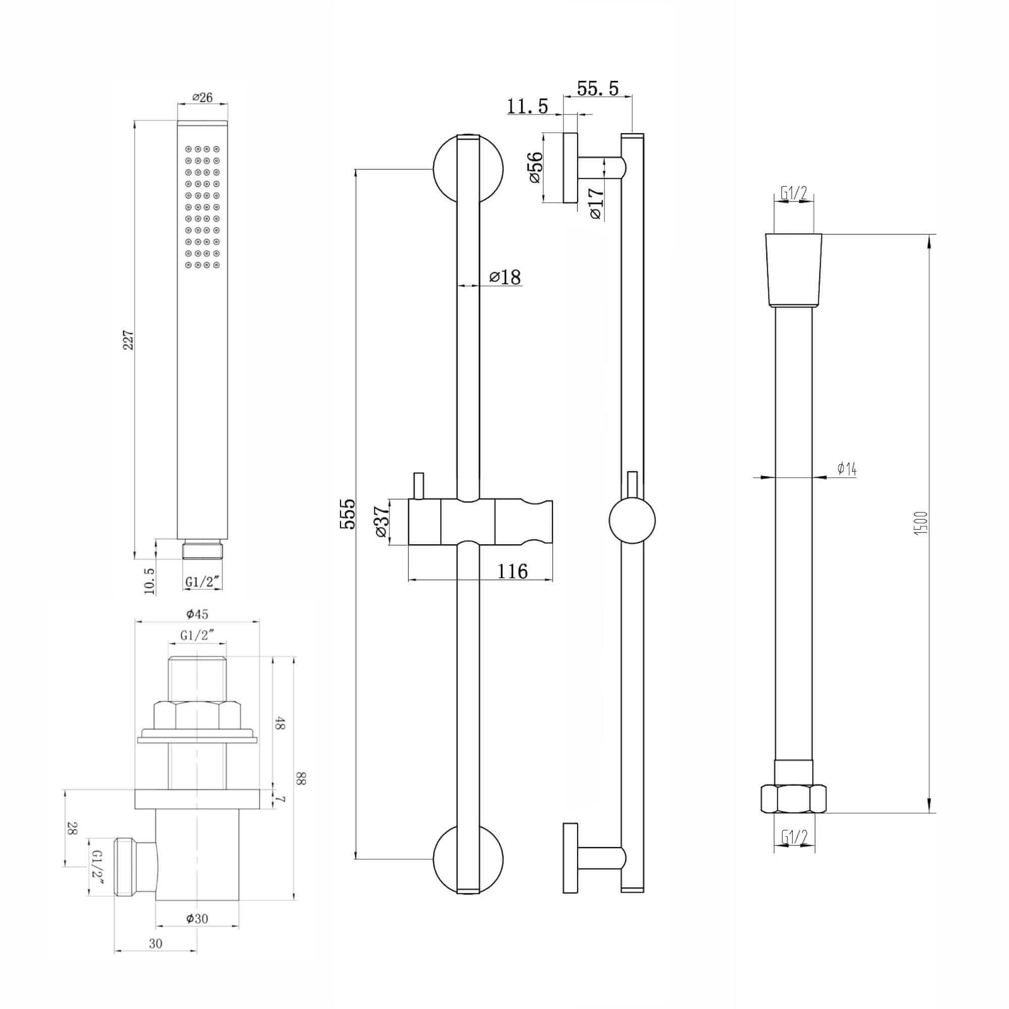 Contemporary Shower Slider Riser Rail Kit With Pencil Shower Head, Hose and Wall Elbow - Chrome