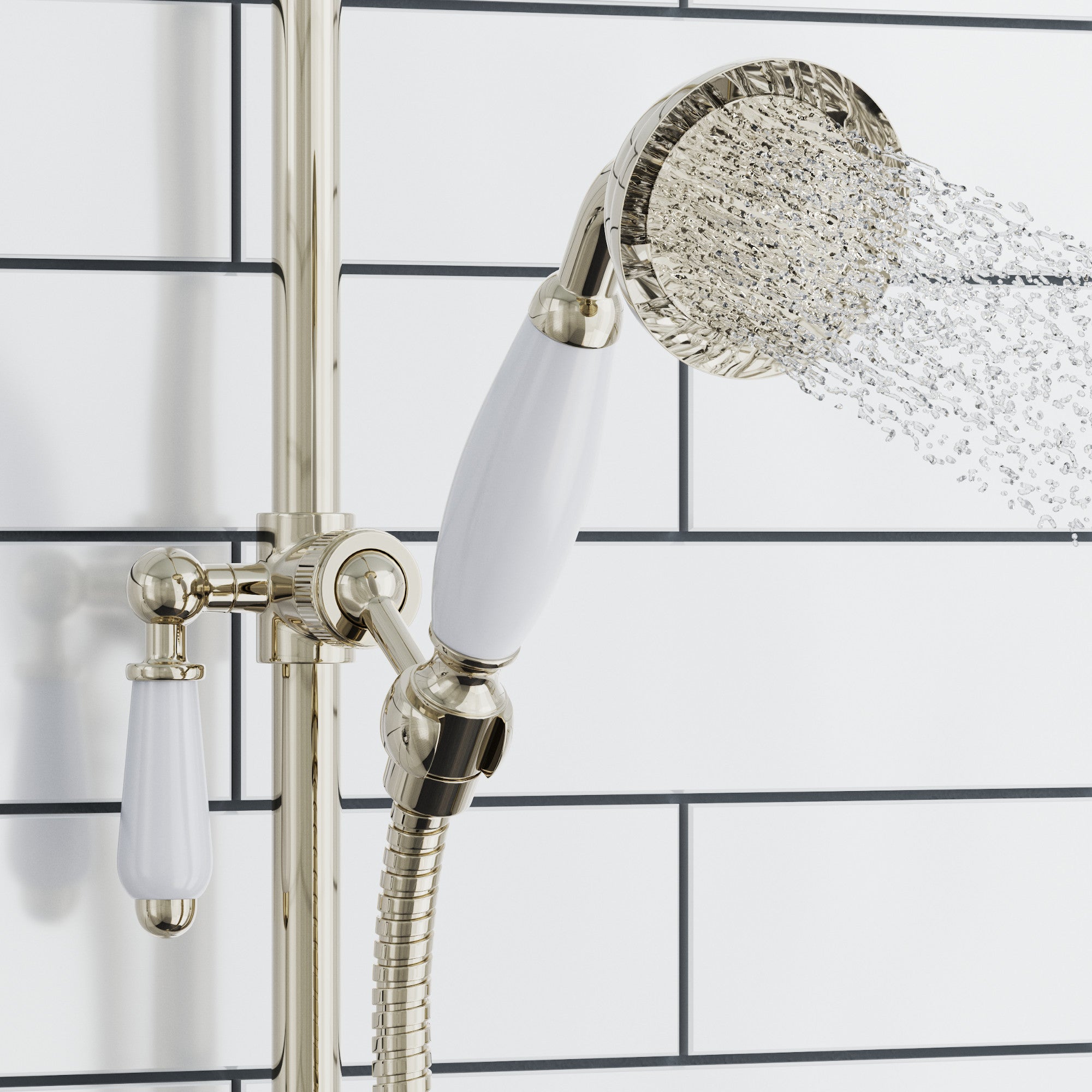 Traditional Shower Slider Rail Kit Lever Design With Brass White Ceramic Handset and Hose - Gold