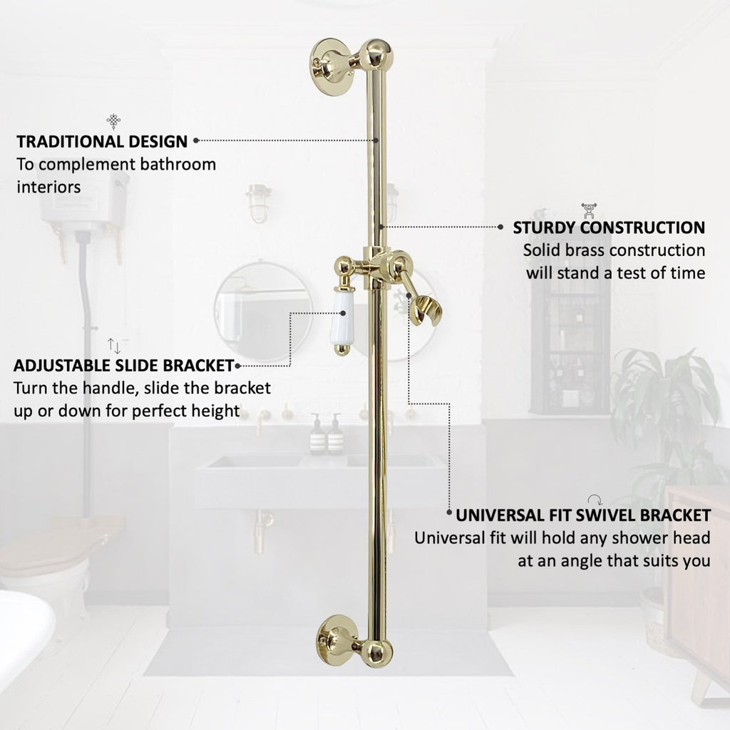 Traditional Shower Slider Rail Kit Lever Design With Brass White Ceramic Handset and Hose - Gold