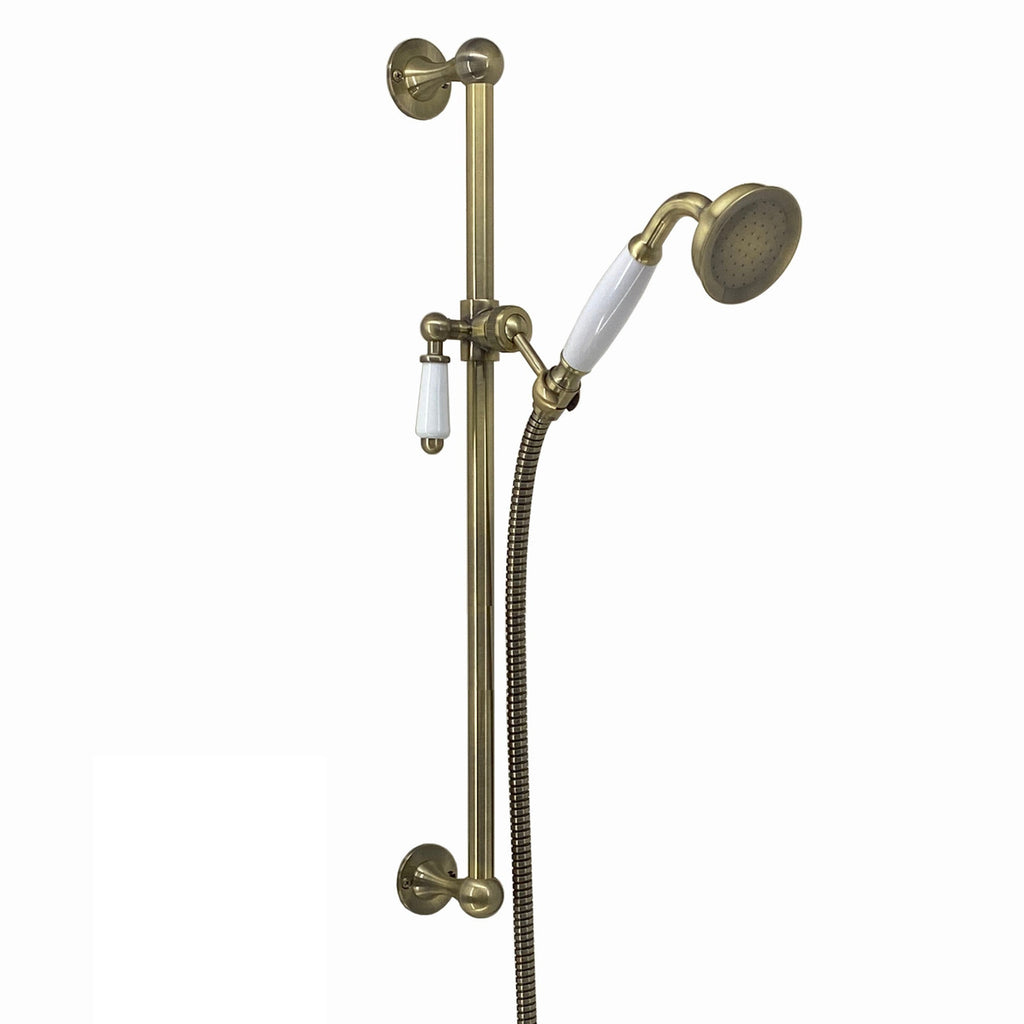Traditional Shower Slider Rail Kit Lever Design With Brass White Ceramic Handset and Hose - Antique Brass