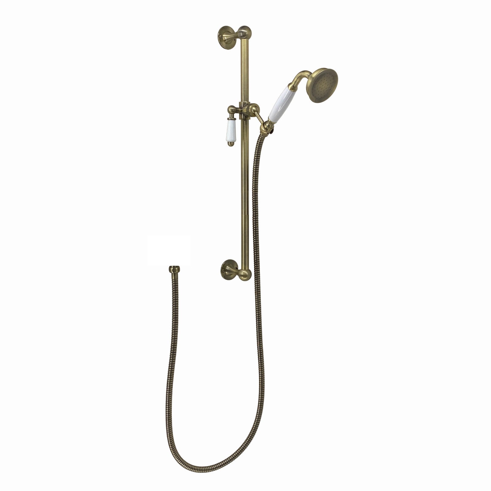 Traditional Shower Slider Rail Kit Lever Design With Brass White Ceramic Handset and Hose - Antique Brass