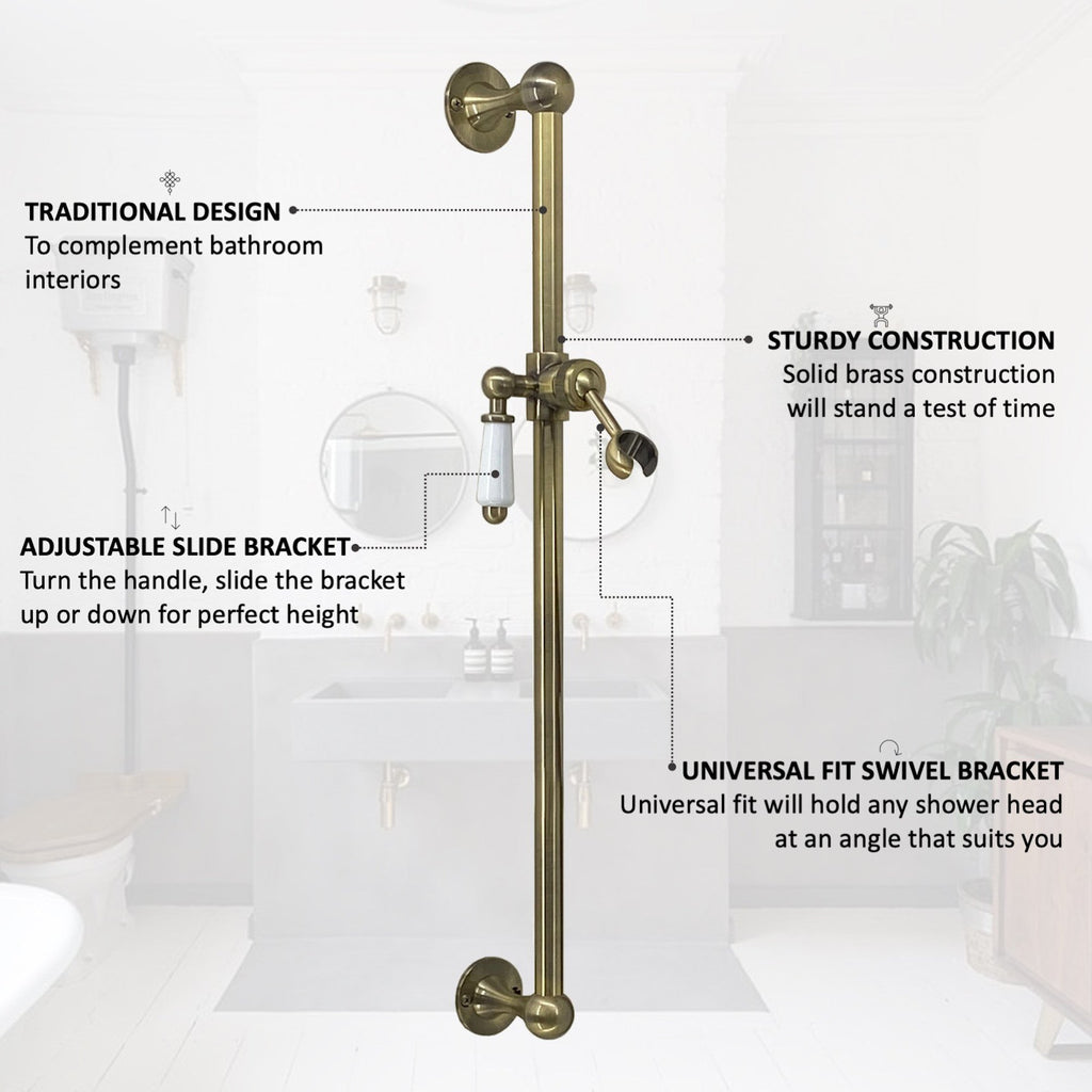 Traditional Shower Slider Rail Kit Lever Design With Brass White Ceramic Handset and Hose - Antique Brass