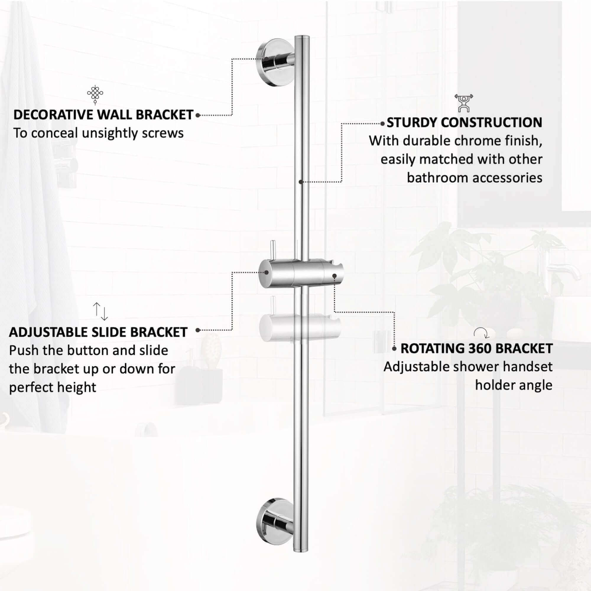 Contemporary Shower Slider Riser Rail Kit With 3 Function Shower Head, Hose and Wall Elbow - Chrome
